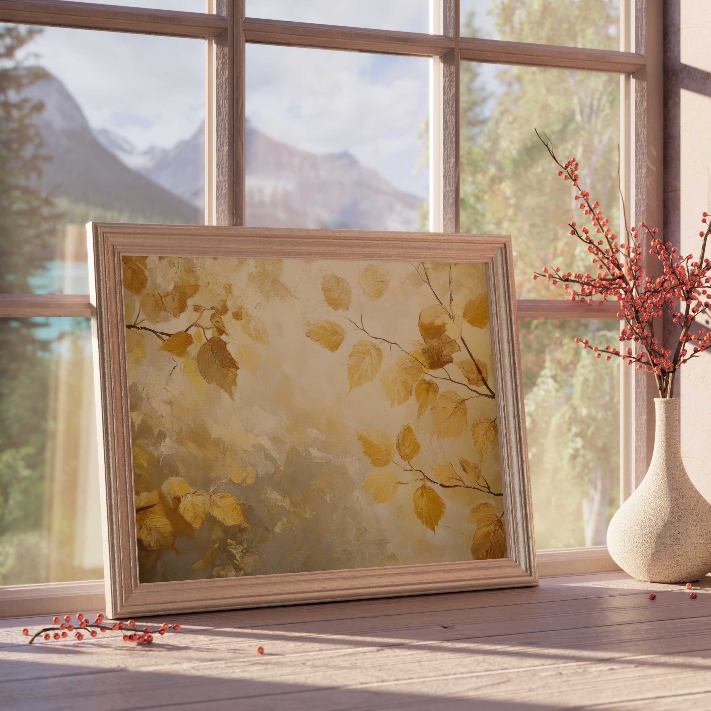 Fall downloadable art featuring golden autumn leaves in soft light, elevating serene, curated interiors with warm, elegant seasonal charm