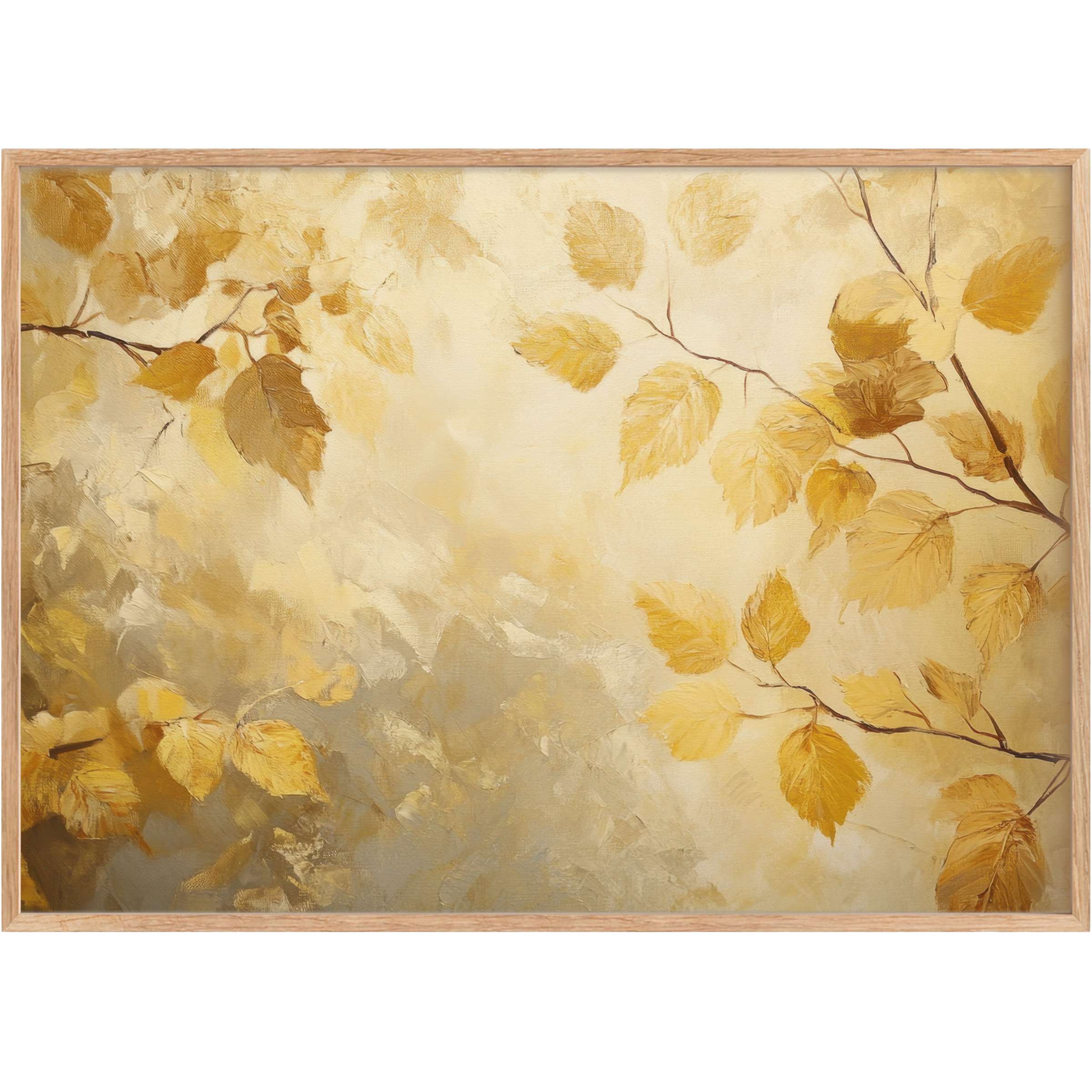 Soft golden hues and delicate branches create a serene, radiant ambiance in this elegant fall printable wall art