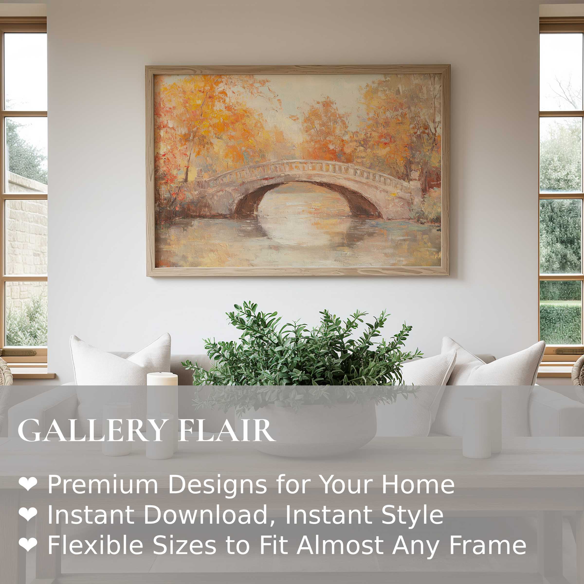 Vintage wall art print capturing a serene autumn bridge scene in warm, radiant tones; enhances modern minimalist interiors with timeless elegance
