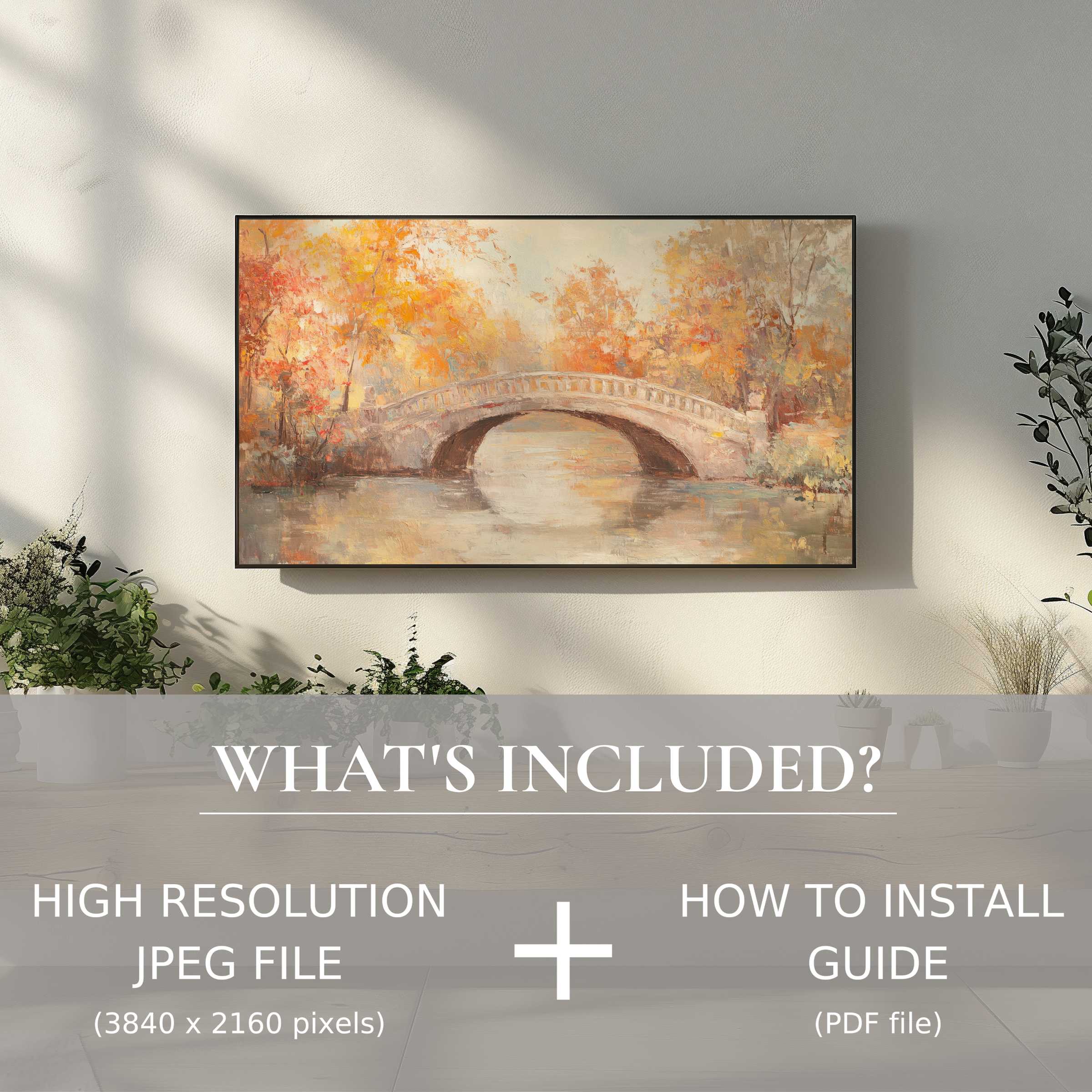 Elegant vintage digital TV art download of autumn bridge enhances living spaces with easy digital use and warm decor
