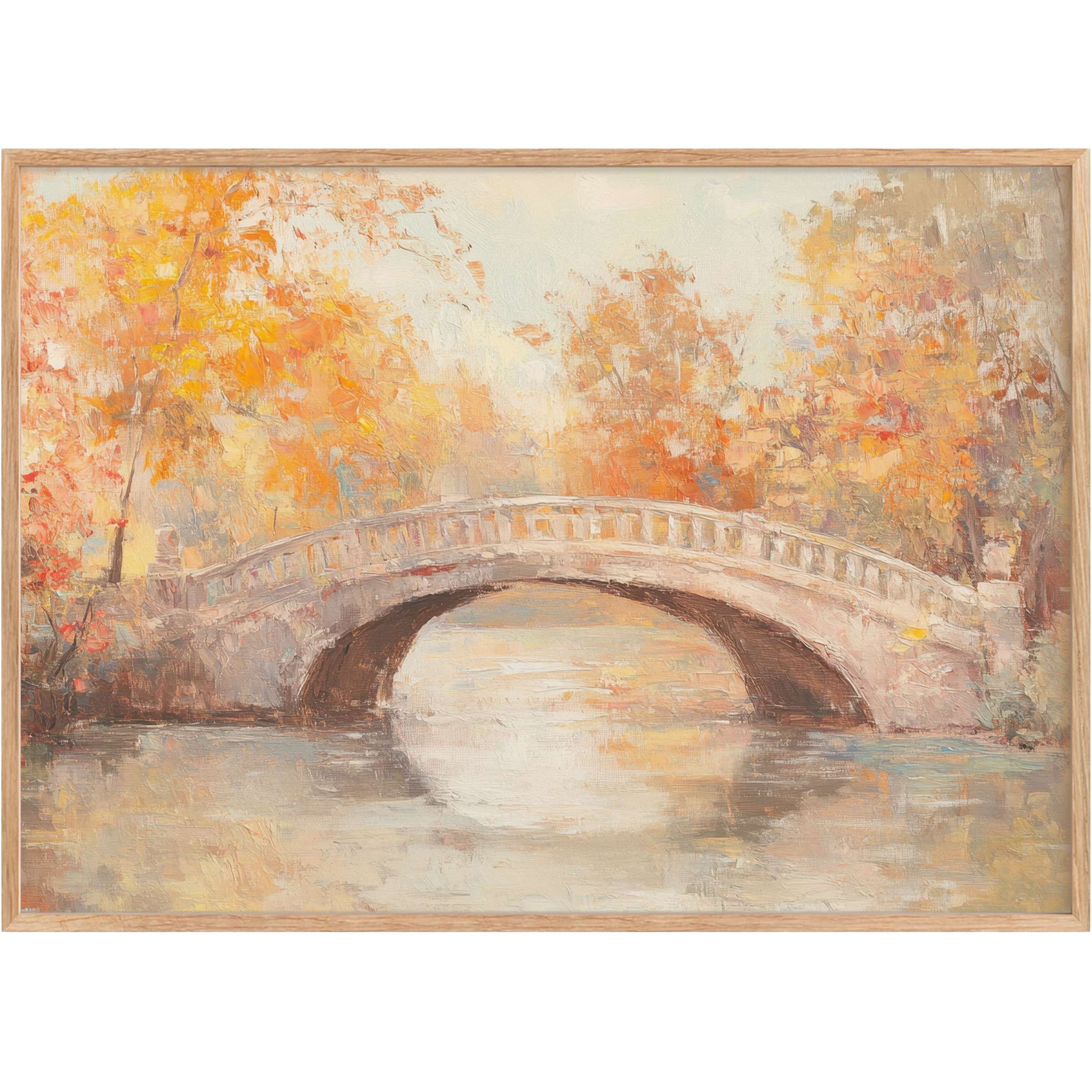 Vintage printable wall art depicting a serene stone bridge framed by radiant amber and golden foliage, evoking timeless warmth and elegance