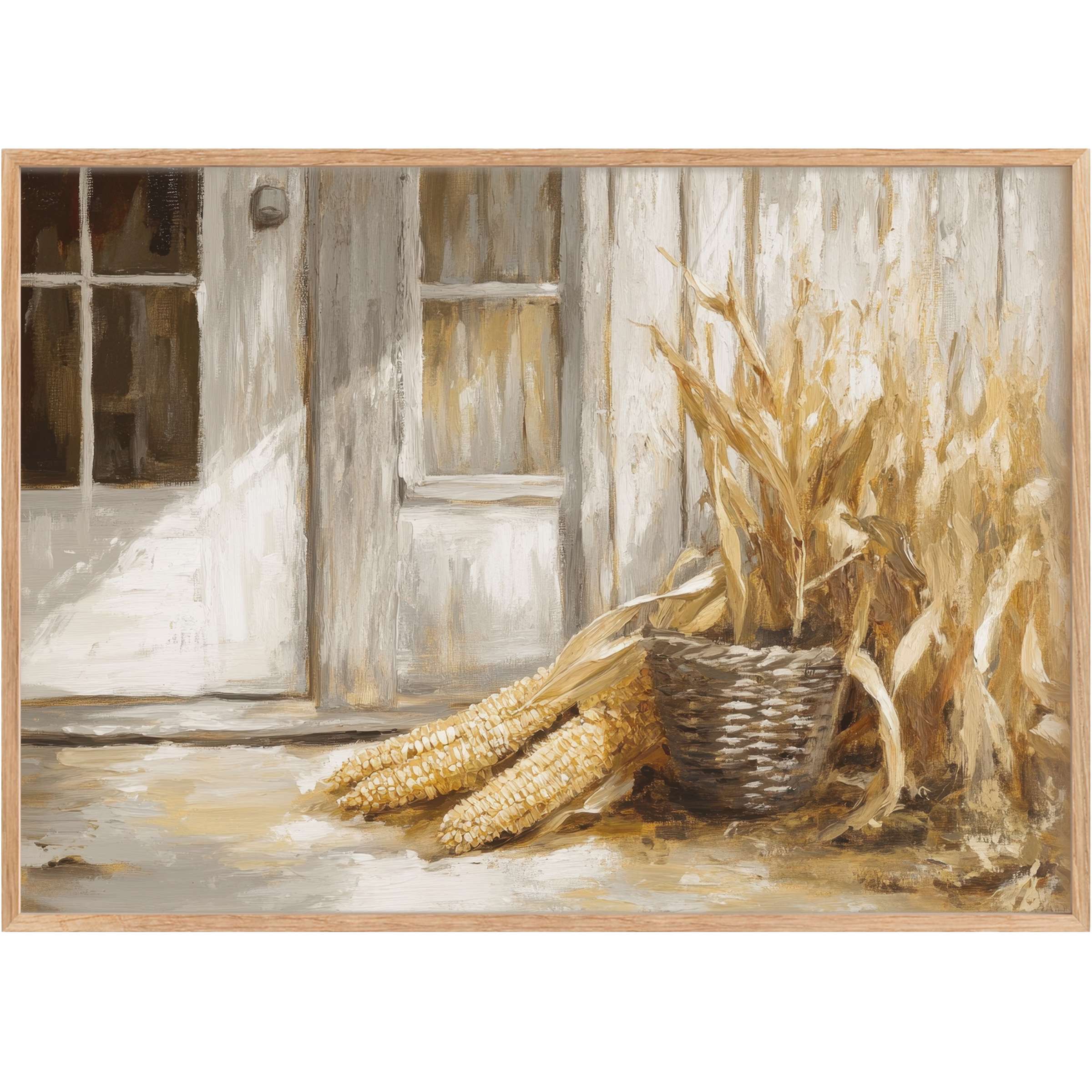 Rustic charm meets timeless warmth in this farmhouse printable wall art, featuring sunlit cornstalks and weathered wood tones that evoke cozy autumn serenity