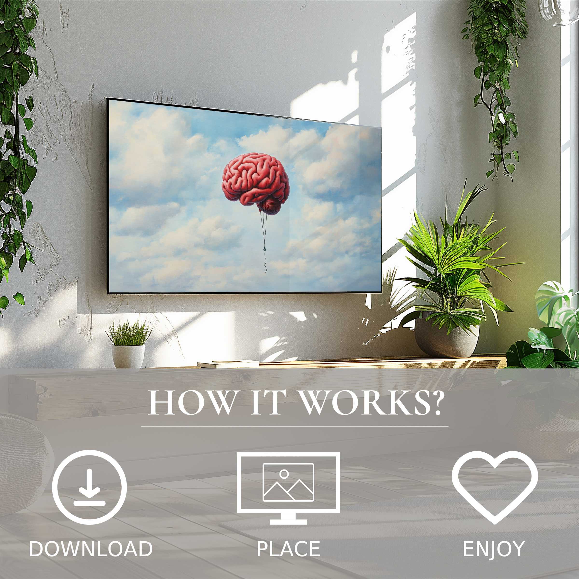Modern living room with green plants showcasing street art for Samsung TV, brain balloons in soft sky tones, easy digital download