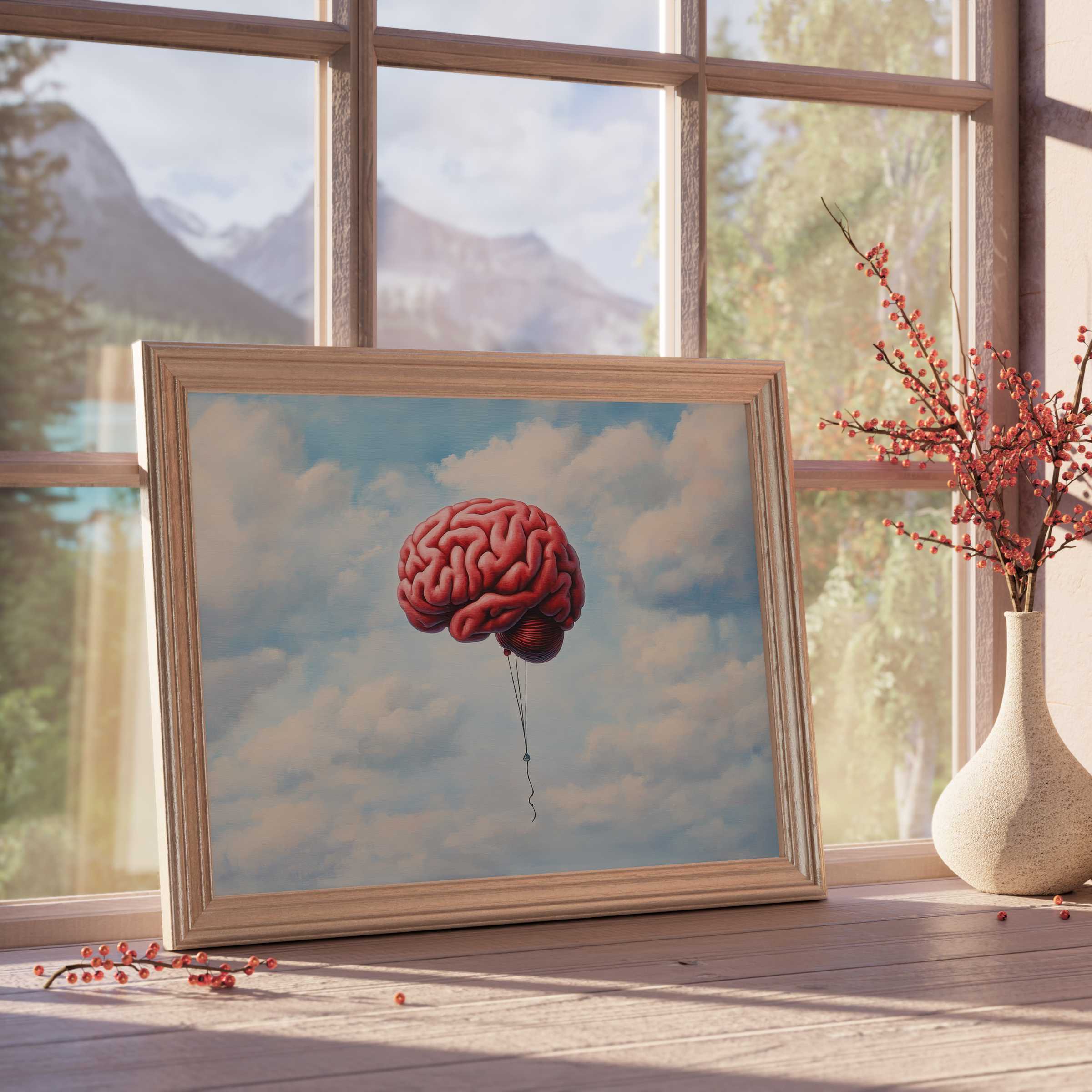Surreal street art downloadable art featuring a floating brain balloon against soft clouds, elevating curated, tranquil interiors with bold, contemplative charm