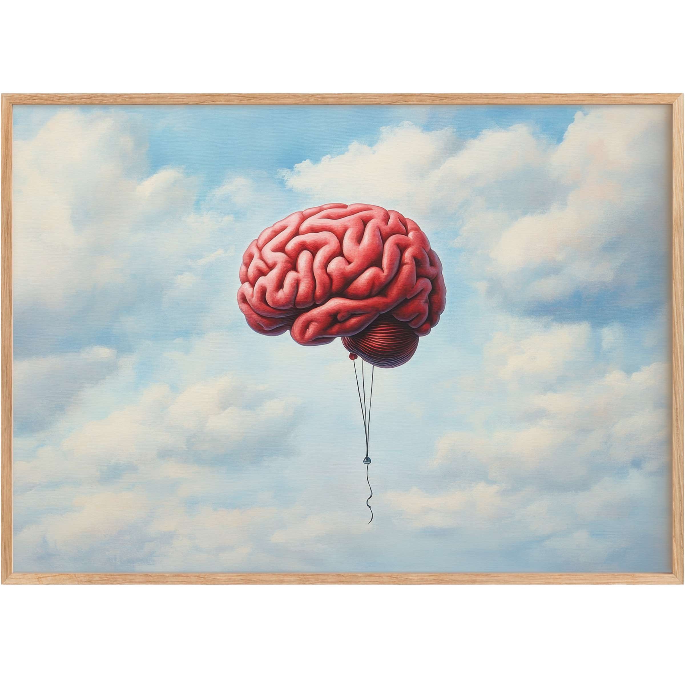 Bold street art printable wall art featuring a vibrant red brain balloon floating against serene blue skies, inspiring thought and creativity