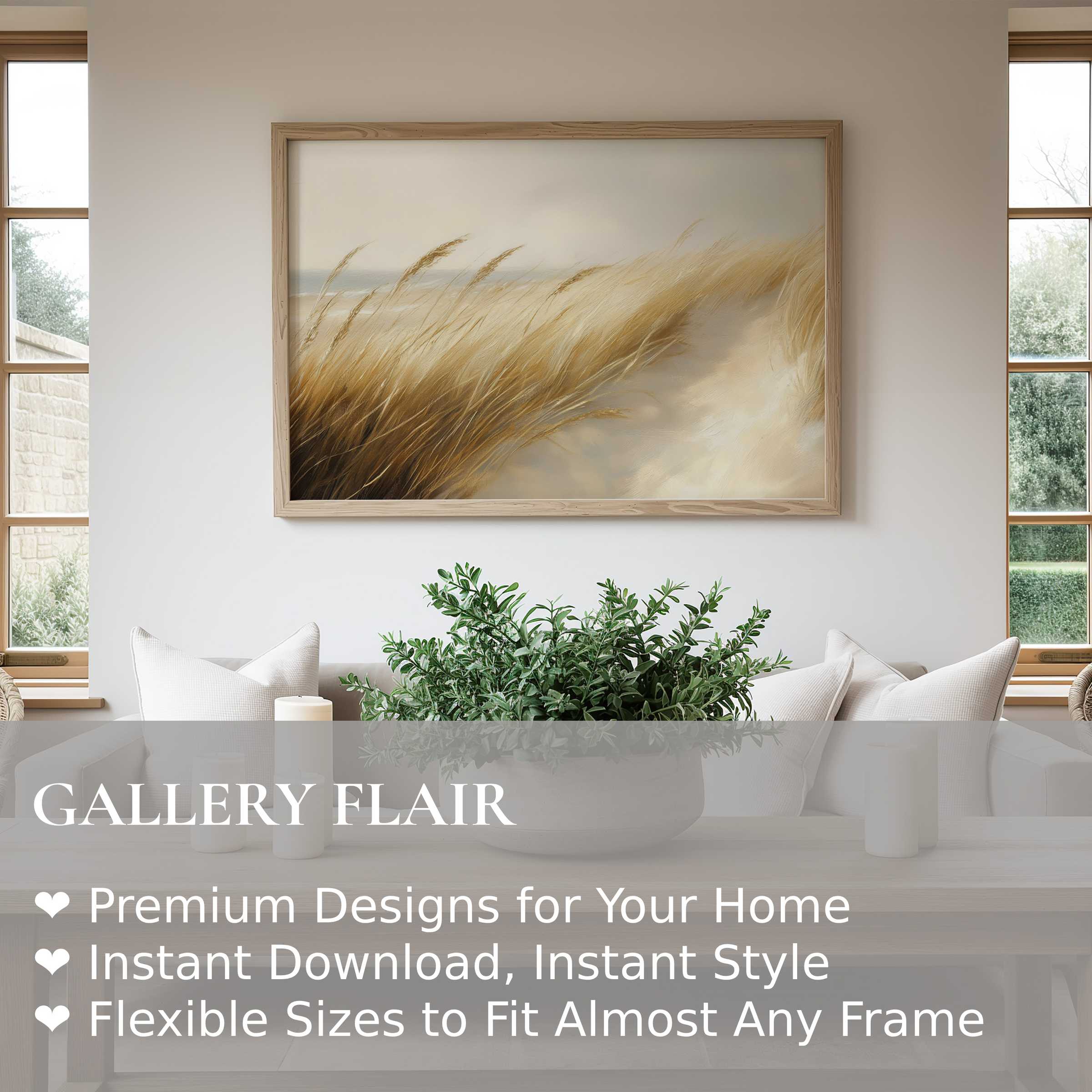 Calming beach wall art print with soft golden dunes swaying in the breeze, enhancing serene minimalist and coastal interiors