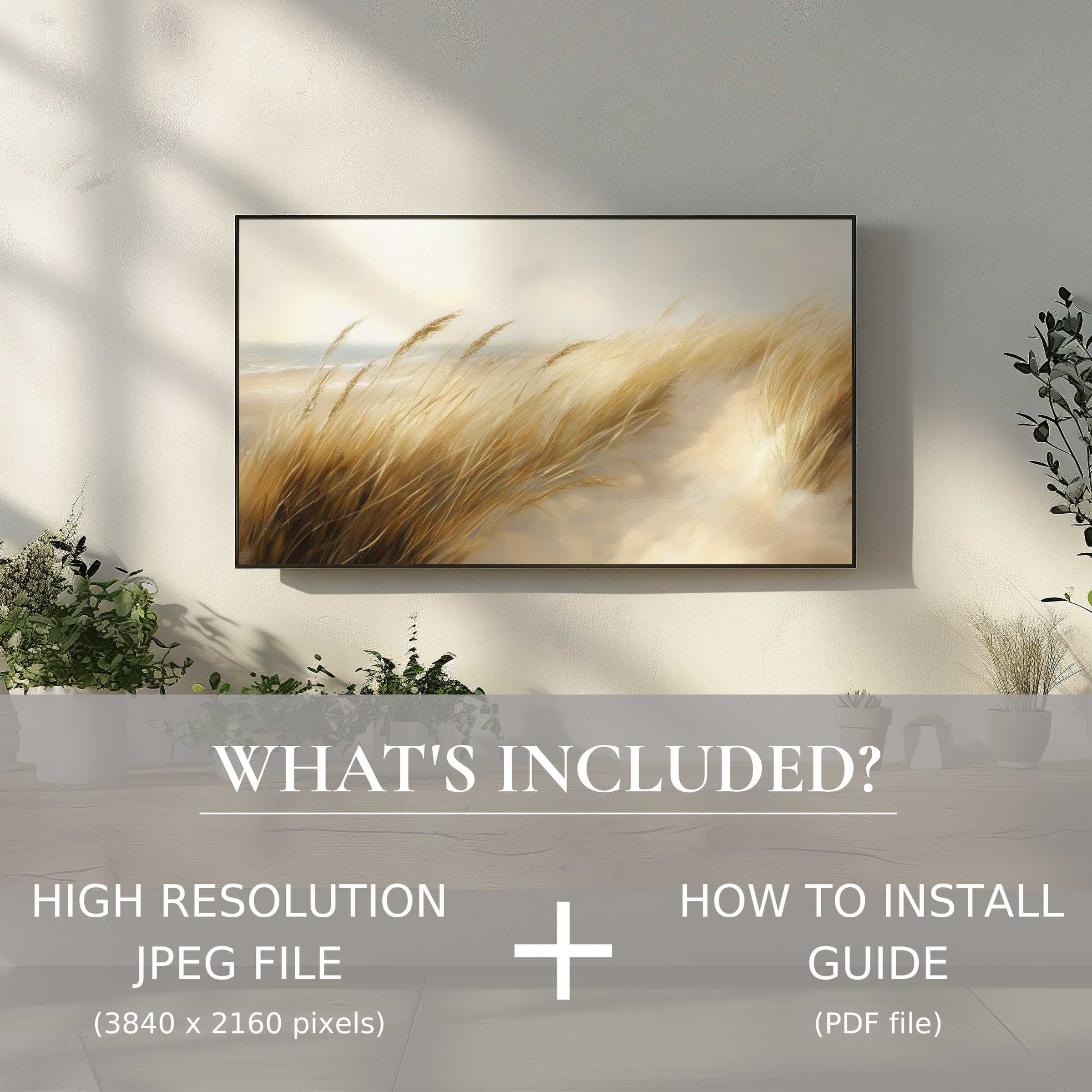 Elegant beach digital TV art download with easy digital use, enhancing serene living spaces with modern coastal charm