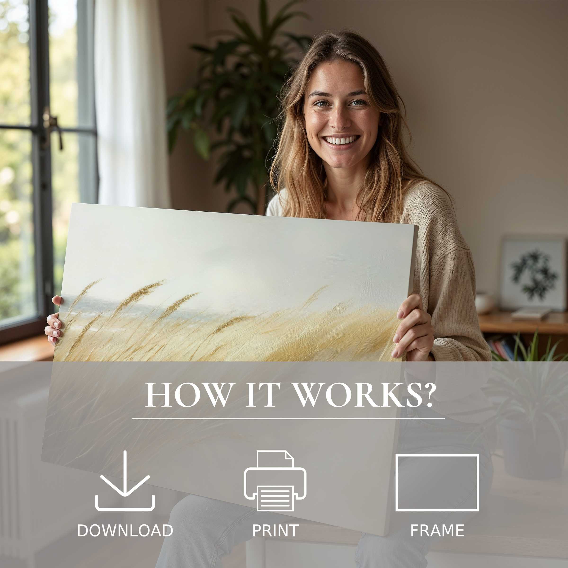 A serene moment of joy as a woman embraces the effortless beauty of a beach digital art print in her elegant, sunlit home