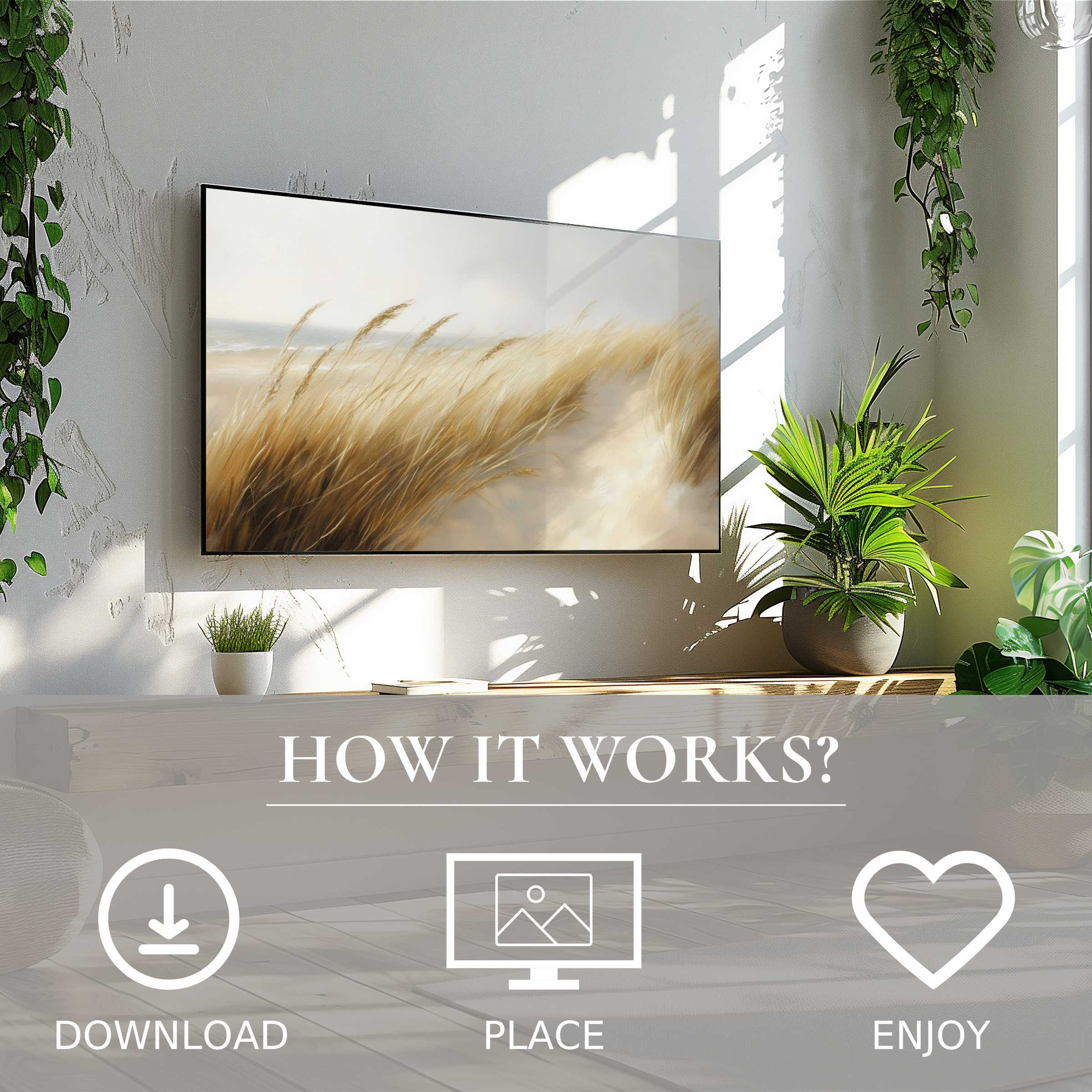 Modern living room with beach art for Samsung TV showing soft beige dune tones, easy digital download to enrich space