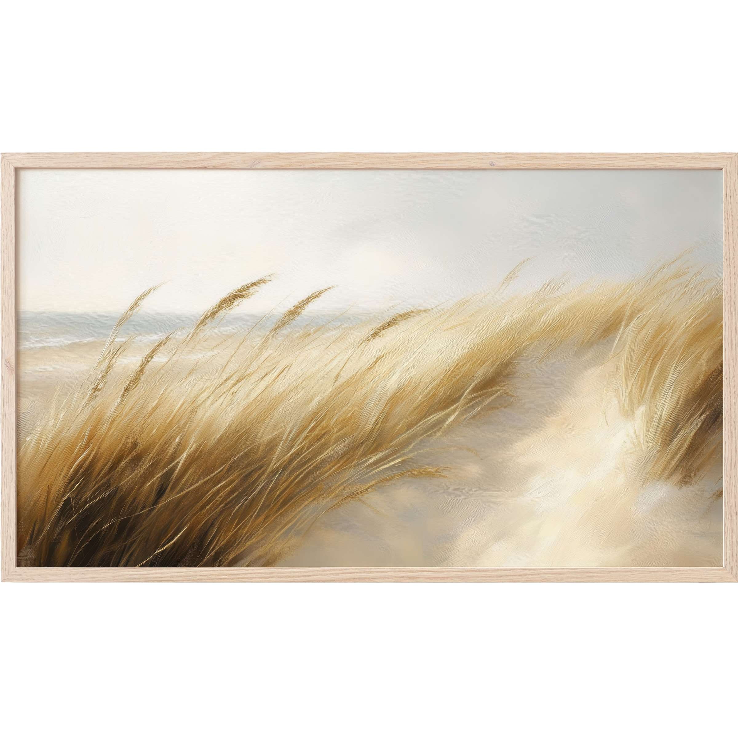 Serene sandy dunes with golden grasses in soft focus, muted tones, elegant beach Frame TV Art for modern interiors