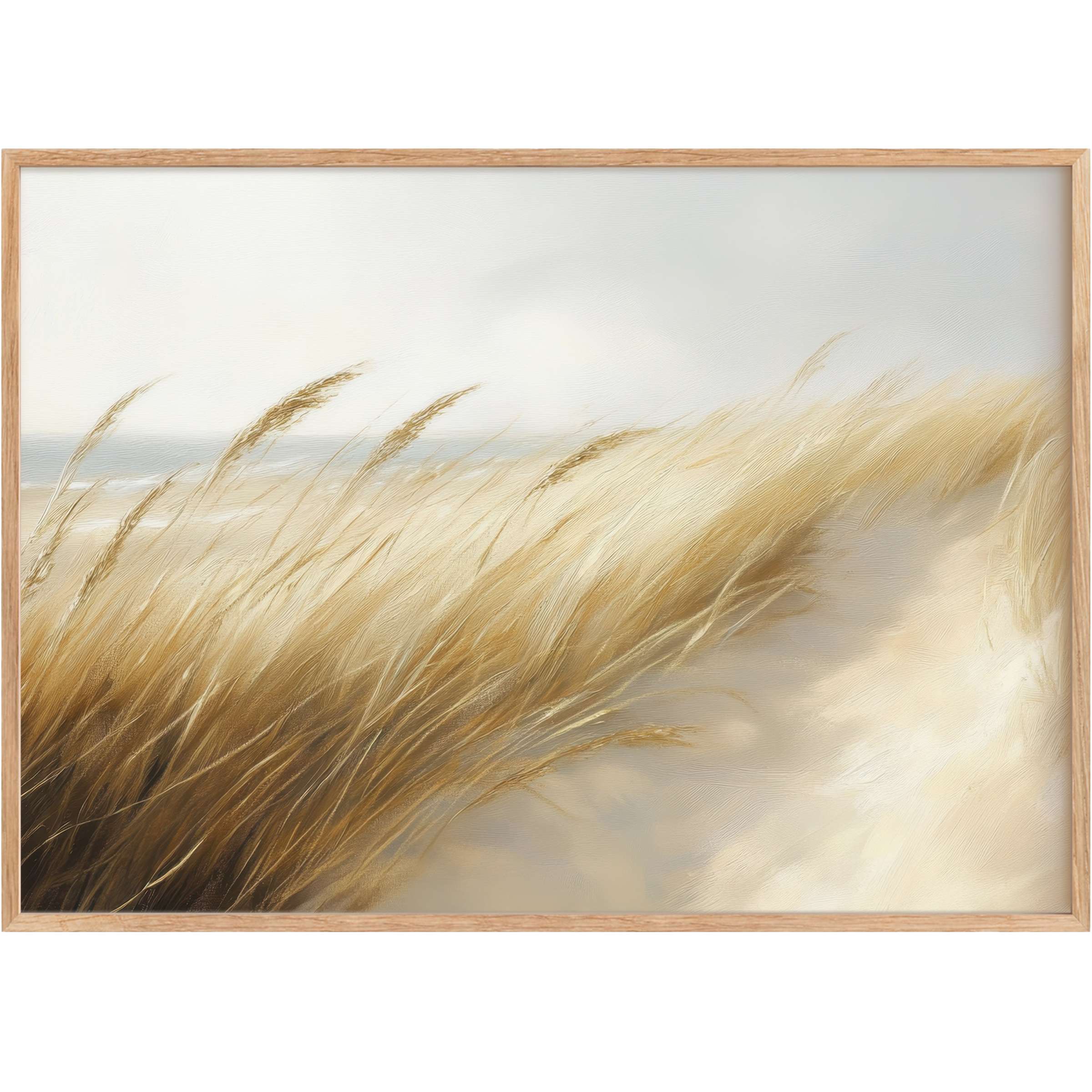 Golden beach grasses sway gently against a soft misty shore, evoking a serene and calming mood-perfect beach printable wall art