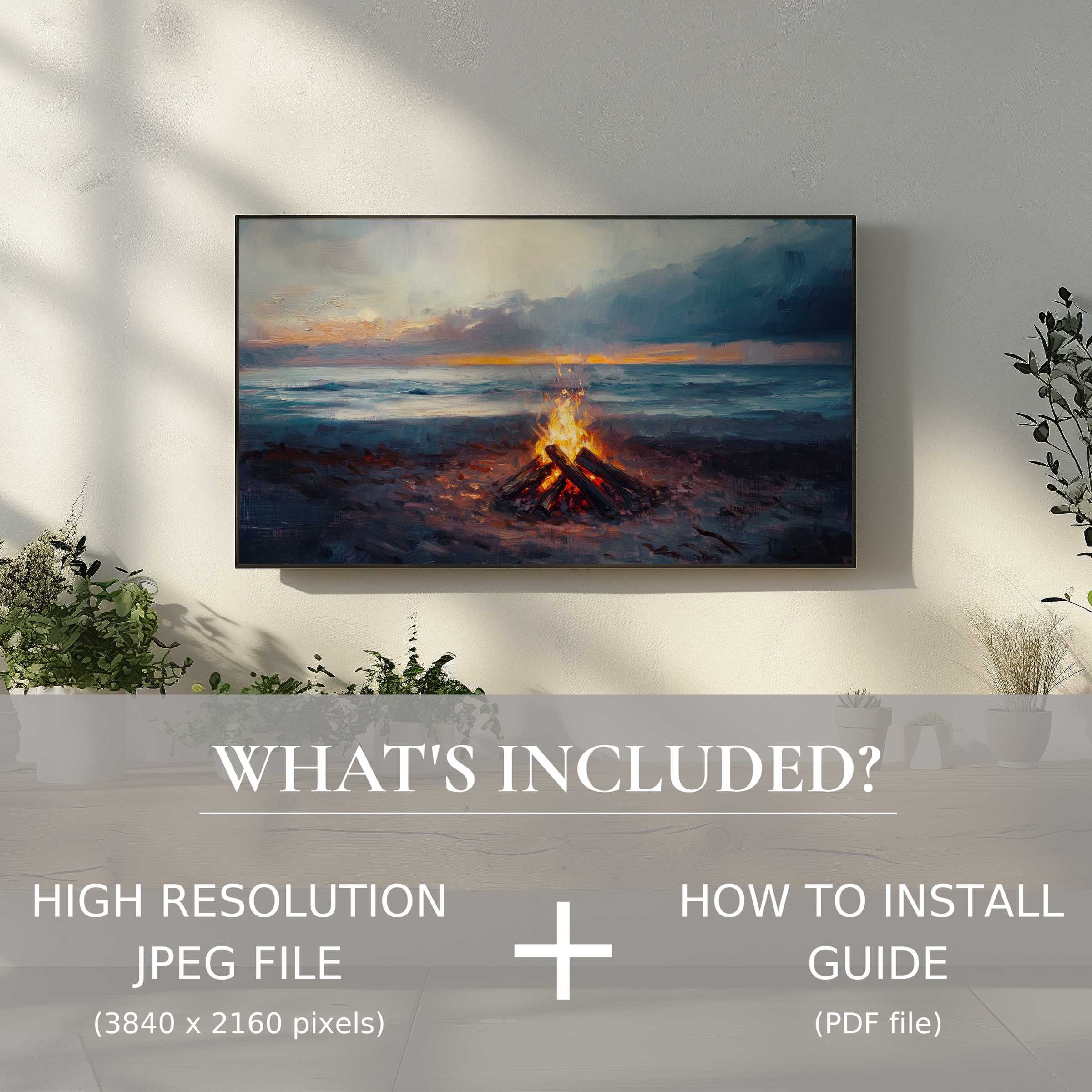 Elegant coastal digital TV art download with easy use, enhancing modern living spaces with serene beach bonfire ambiance