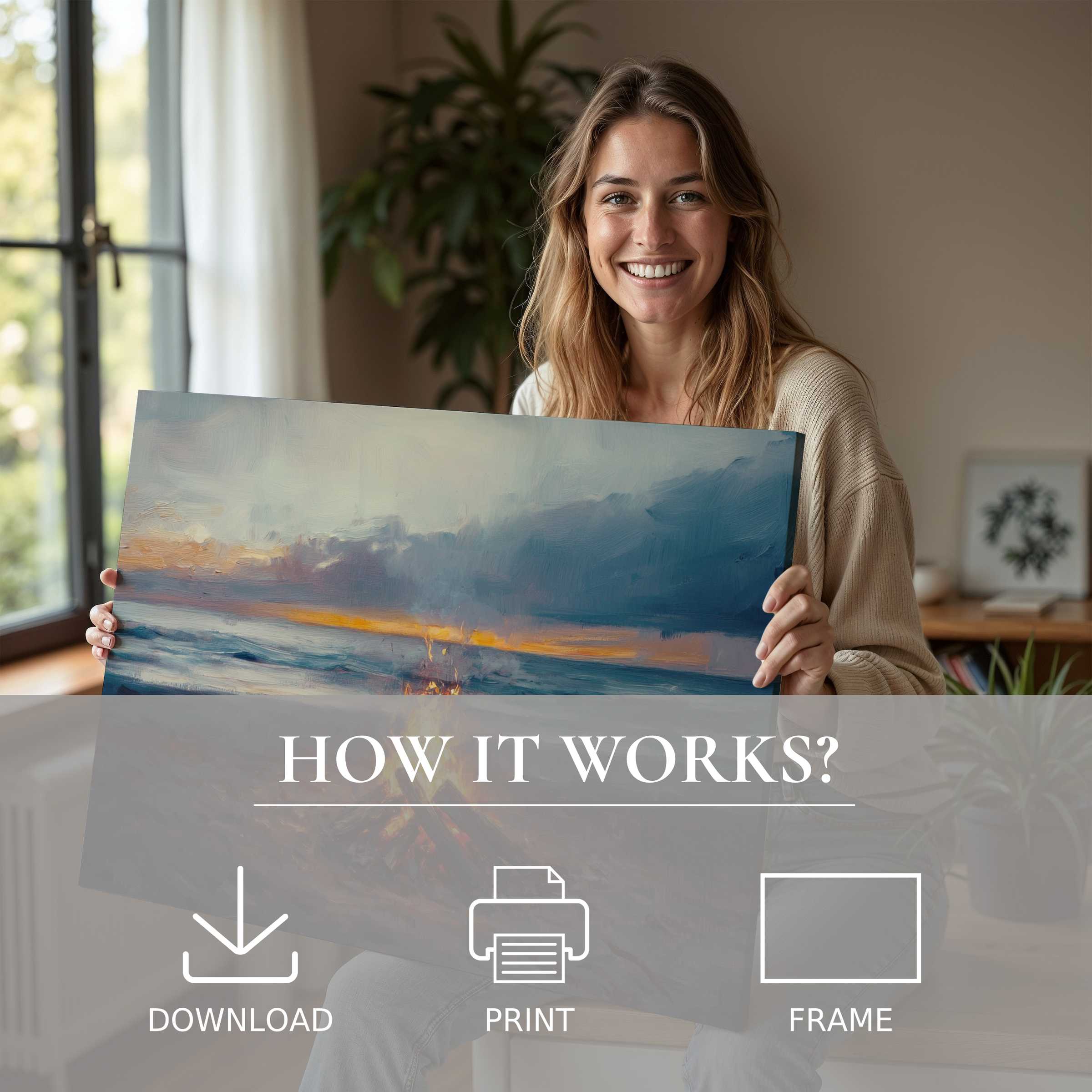 Coastal digital art print inspiring joyful connection, blending serene ocean hues with effortless modern home elegance