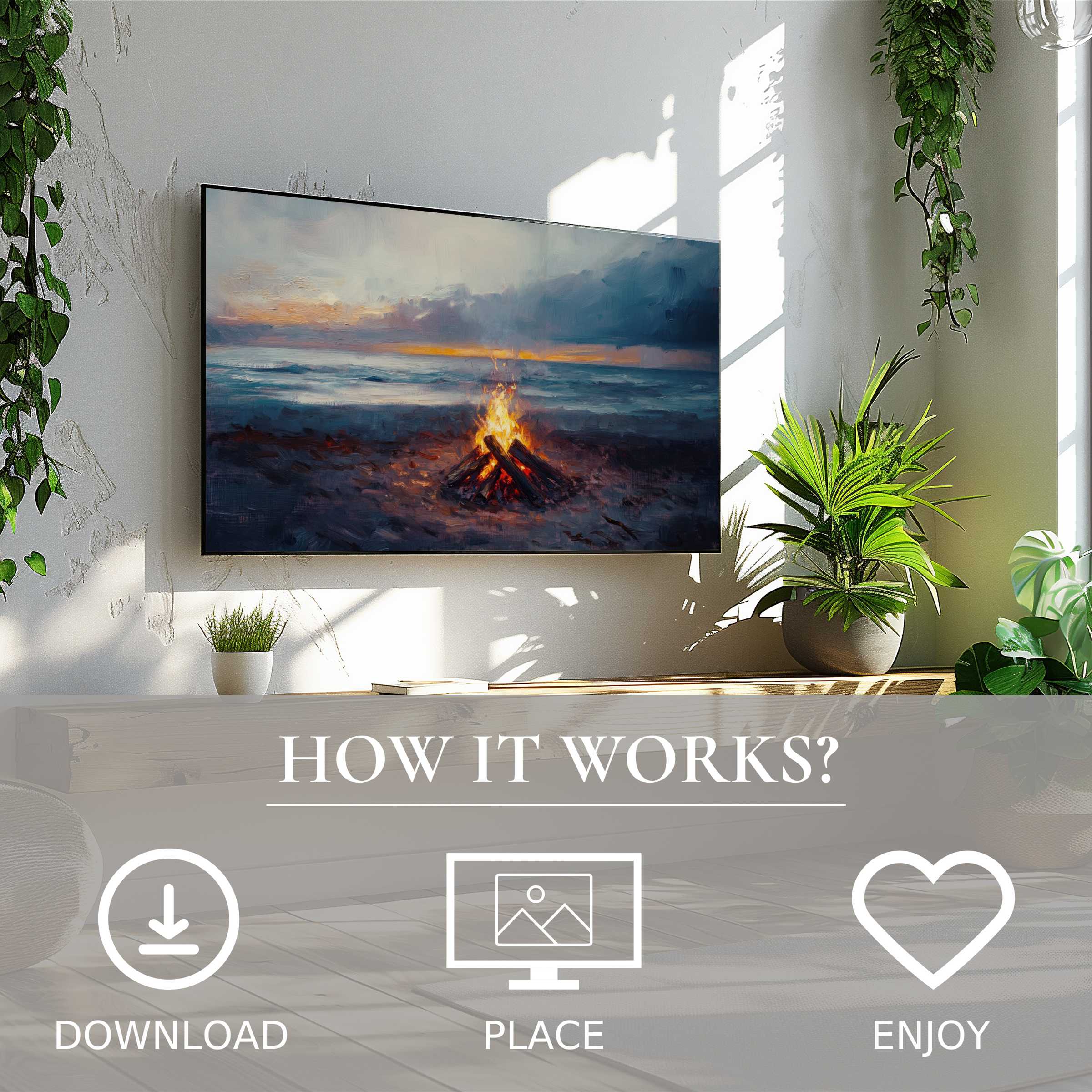 Coastal art for Samsung TV shows warm campfire hues and ocean flow, easy digital download enriches modern living spaces