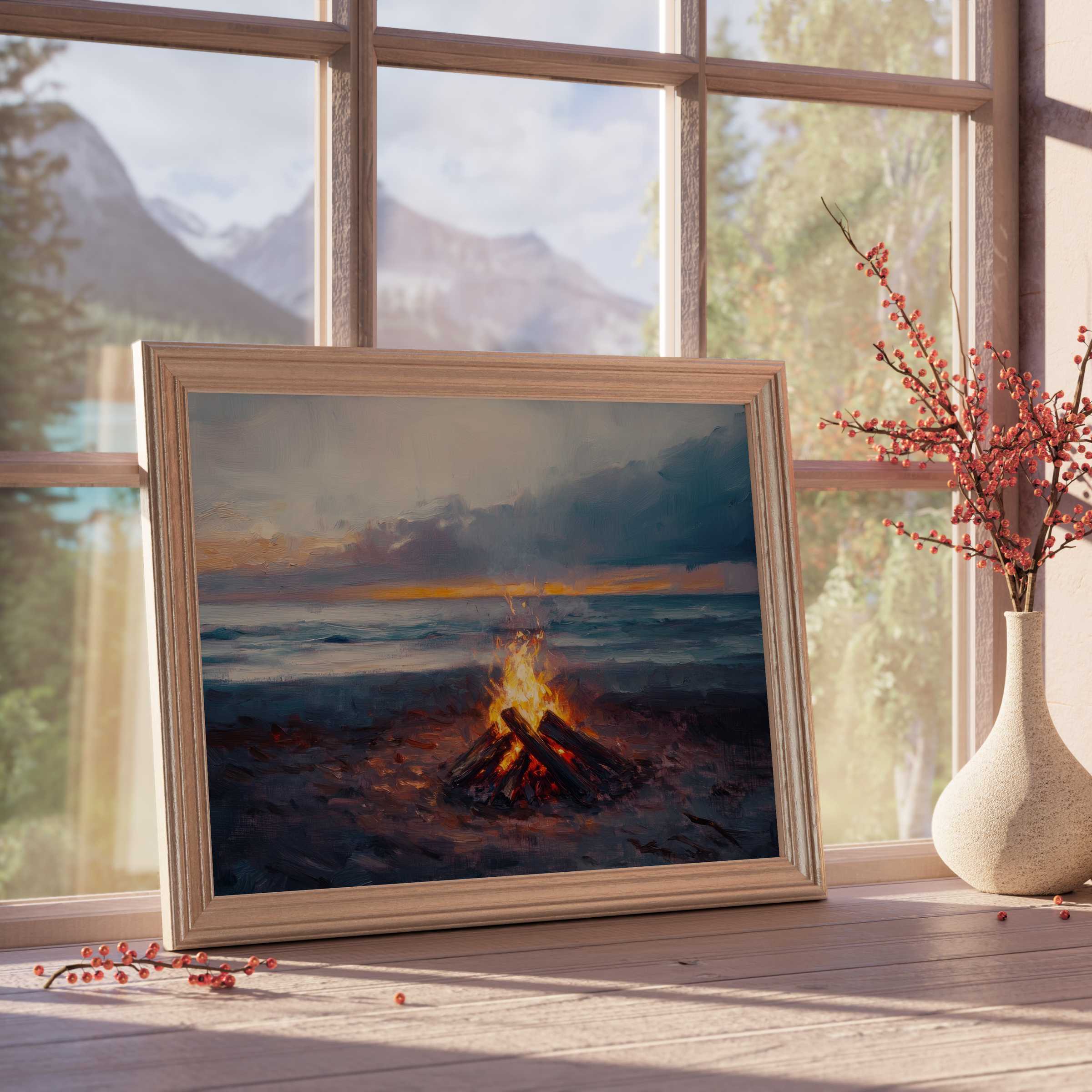 Coastal downloadable art capturing a warm beach bonfire at dusk, infusing serene, curated spaces with tranquil, design-forward ambiance