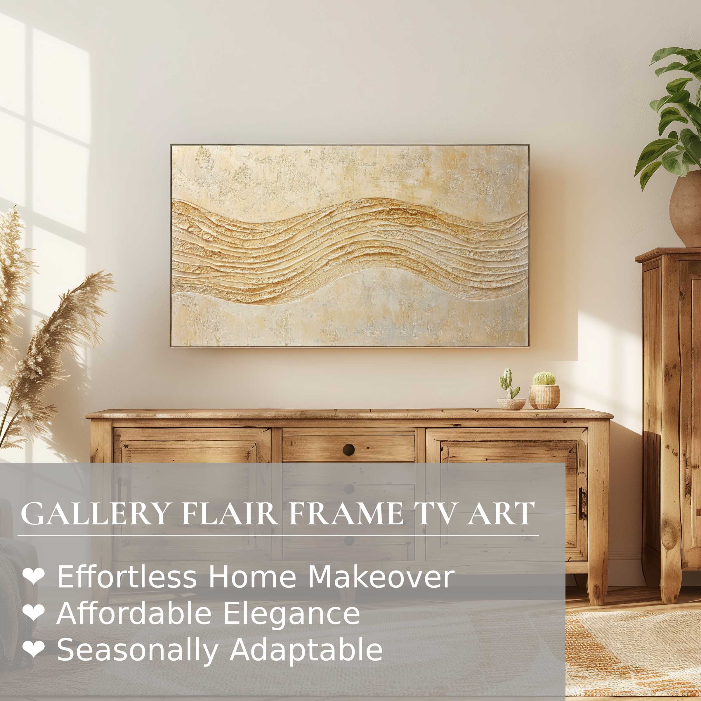 Samsung Frame TV displaying boho digital artwork with textured waves in a warm, sunlit, natural wood setting