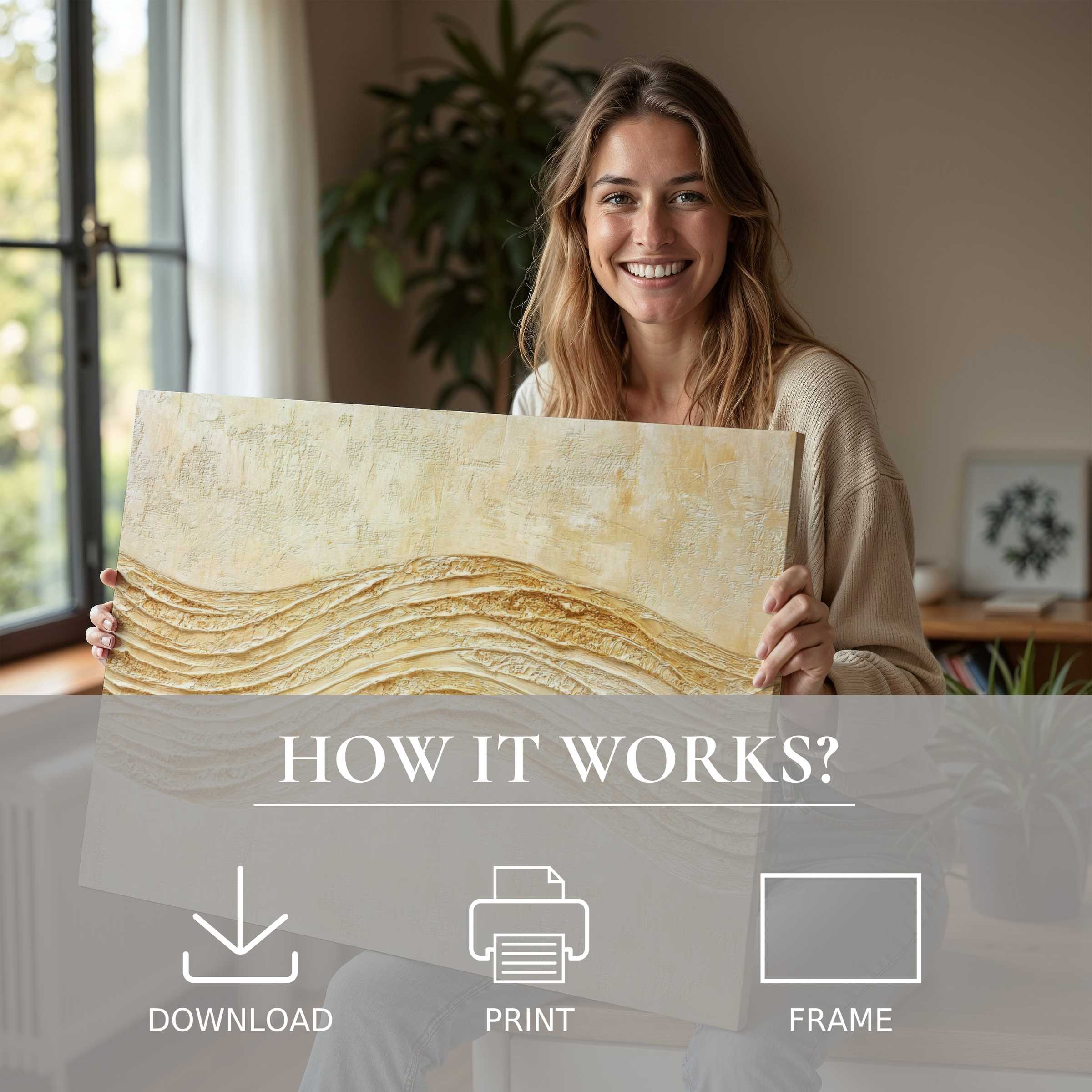 Joyful moment in a sunlit modern home, embracing boho digital art print’s warm texture and effortless elegance