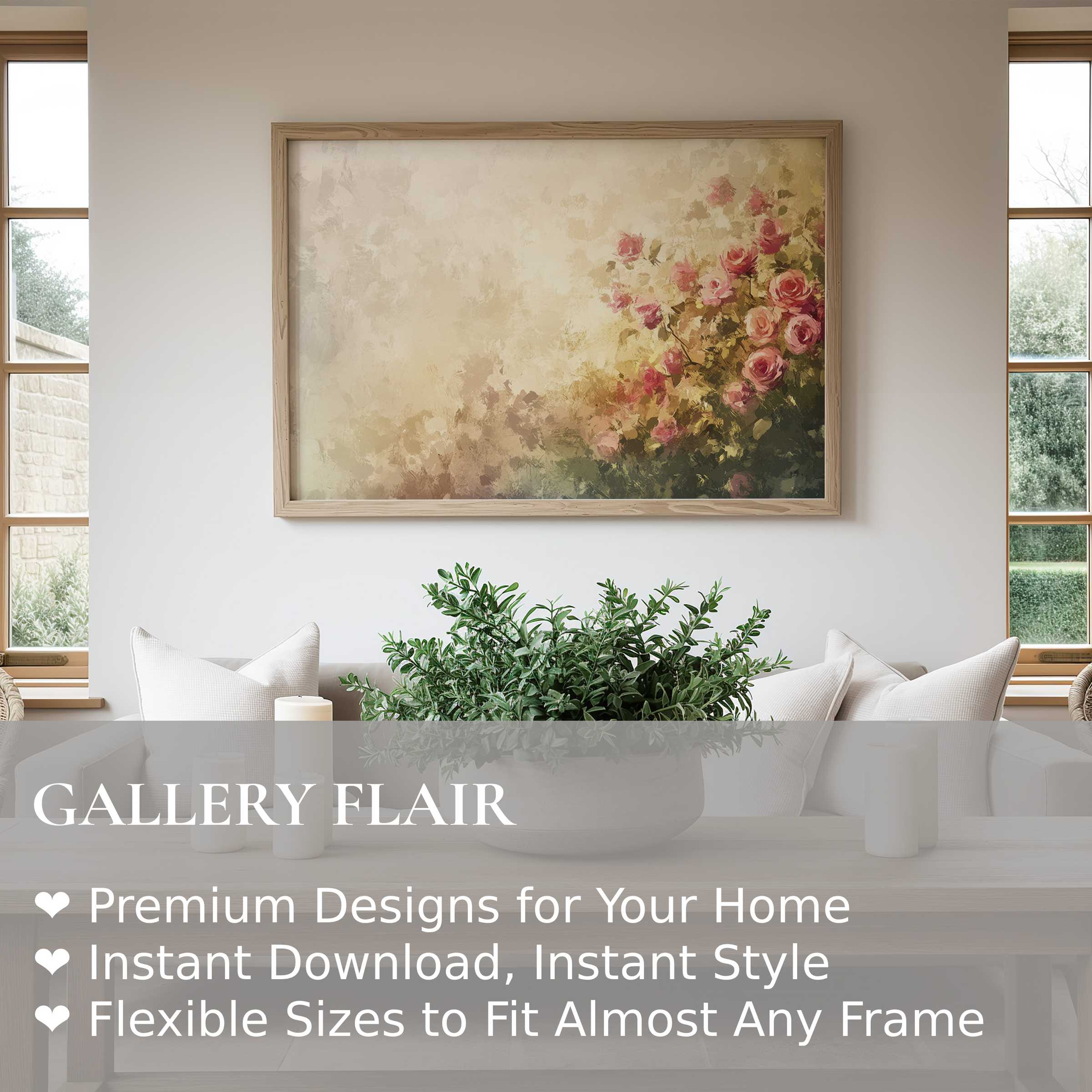 Summer wall art print featuring soft, radiant roses in a modern minimalist living room; adds calming elegance and natural warmth