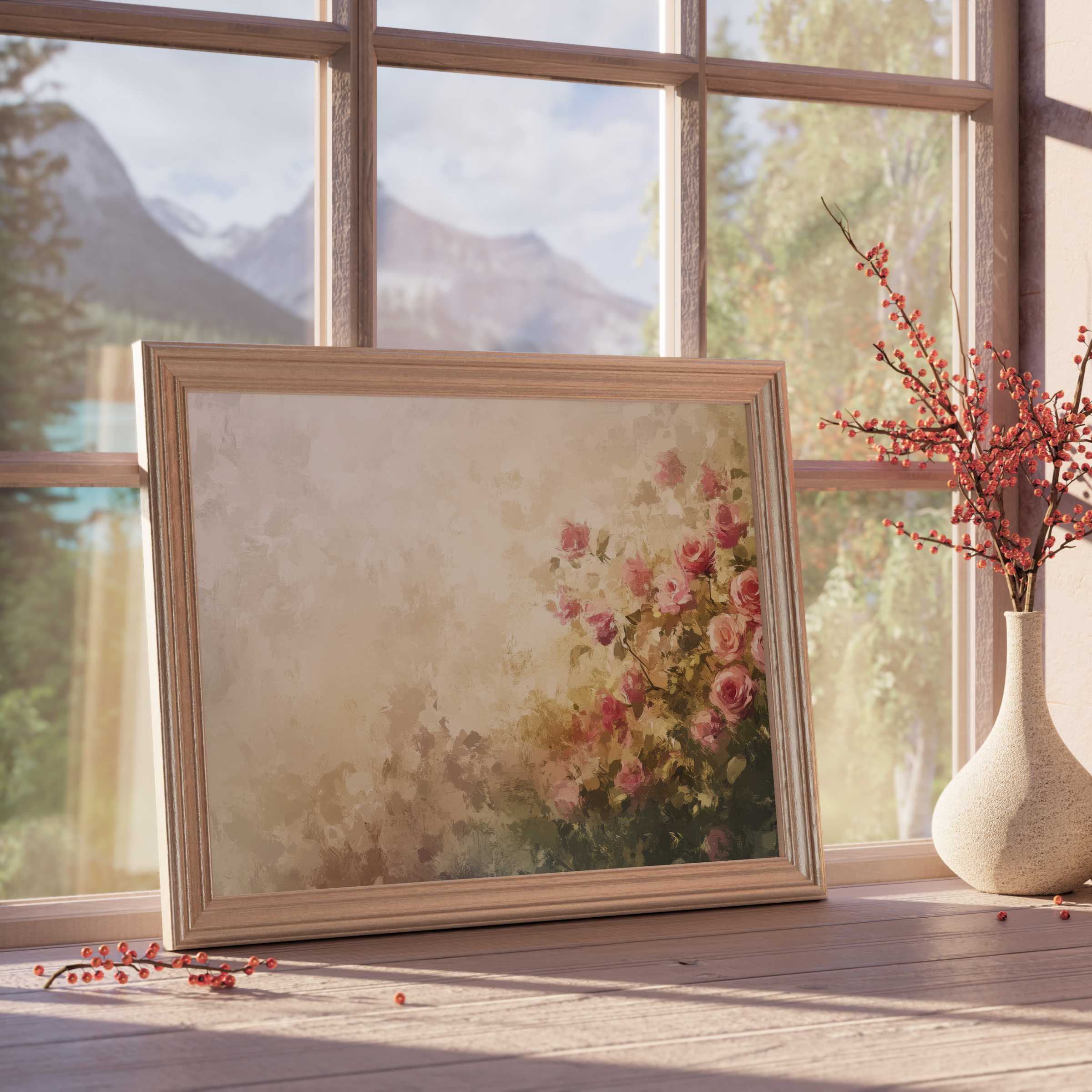 Summer downloadable art showcasing delicate rose blooms in soft hues, infusing curated interiors with warm, tranquil elegance