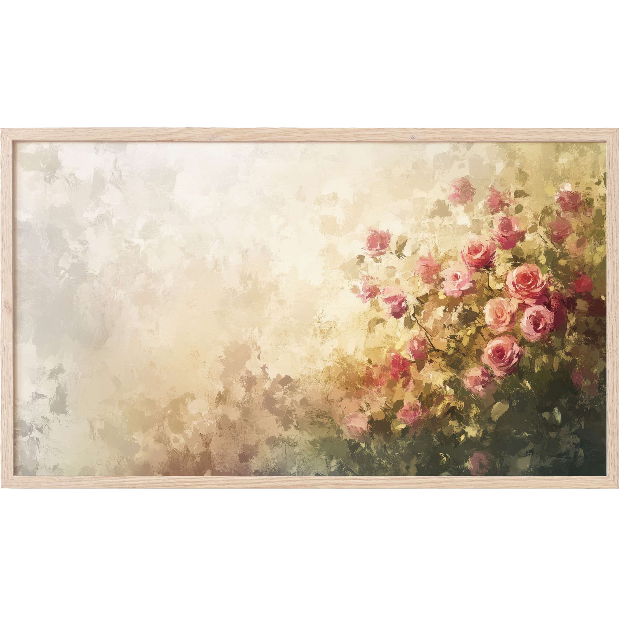 Elegant summer Frame TV Art with soft brushstrokes, blending warm pastels and vibrant pink roses in a modern style