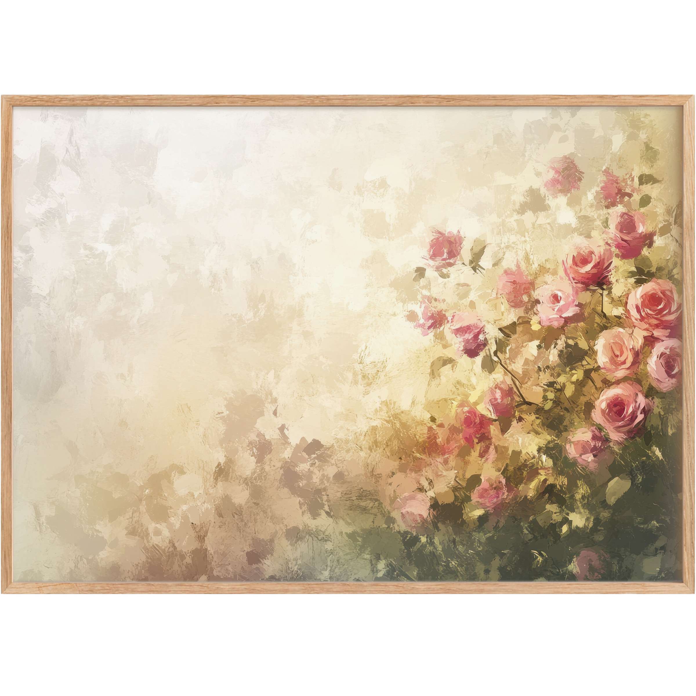 Elegant summer printable wall art featuring soft pink roses and muted greens, evoking a serene, sunlit garden ambiance
