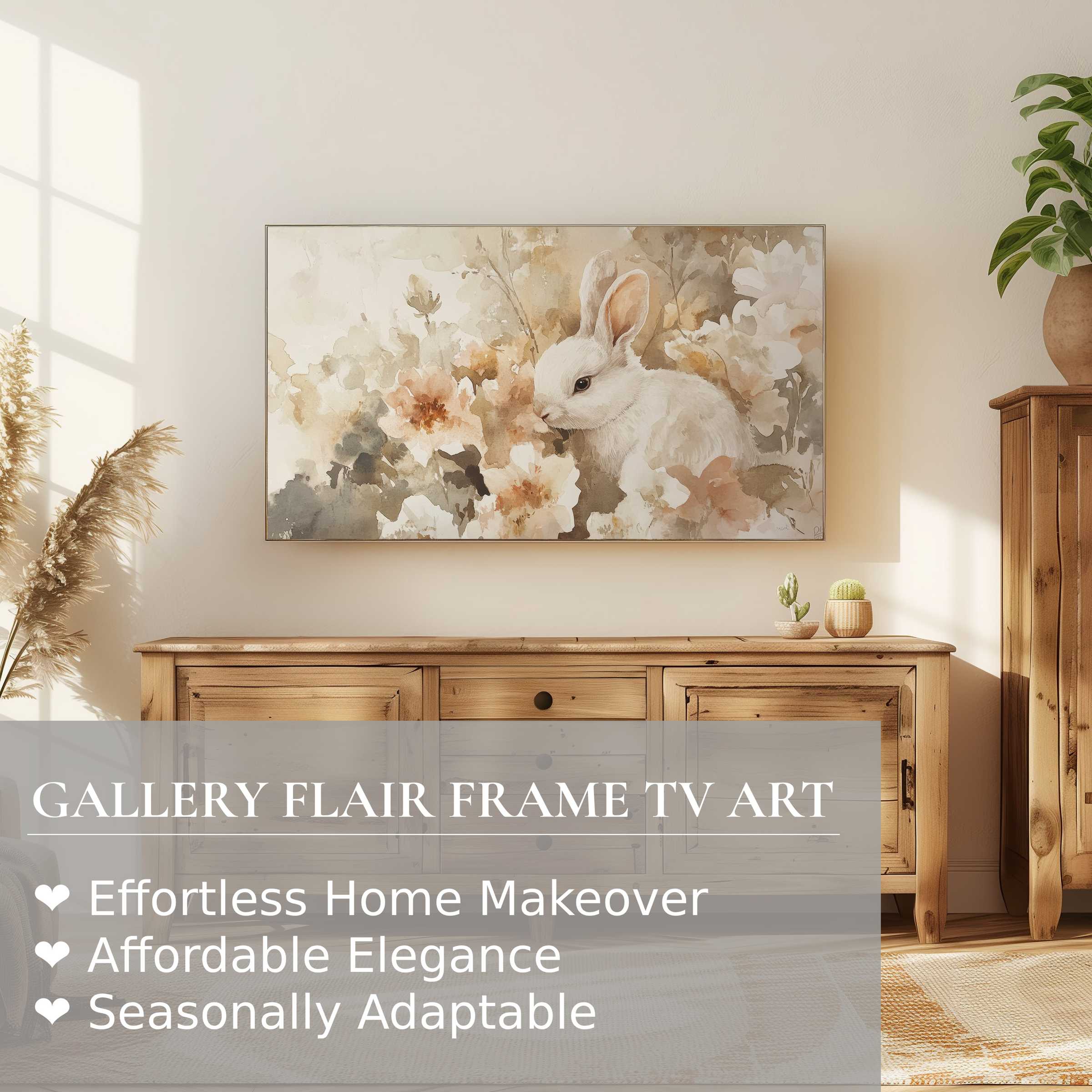 Samsung Frame TV showcasing delicate easter digital artwork in a serene, elegant living room setting