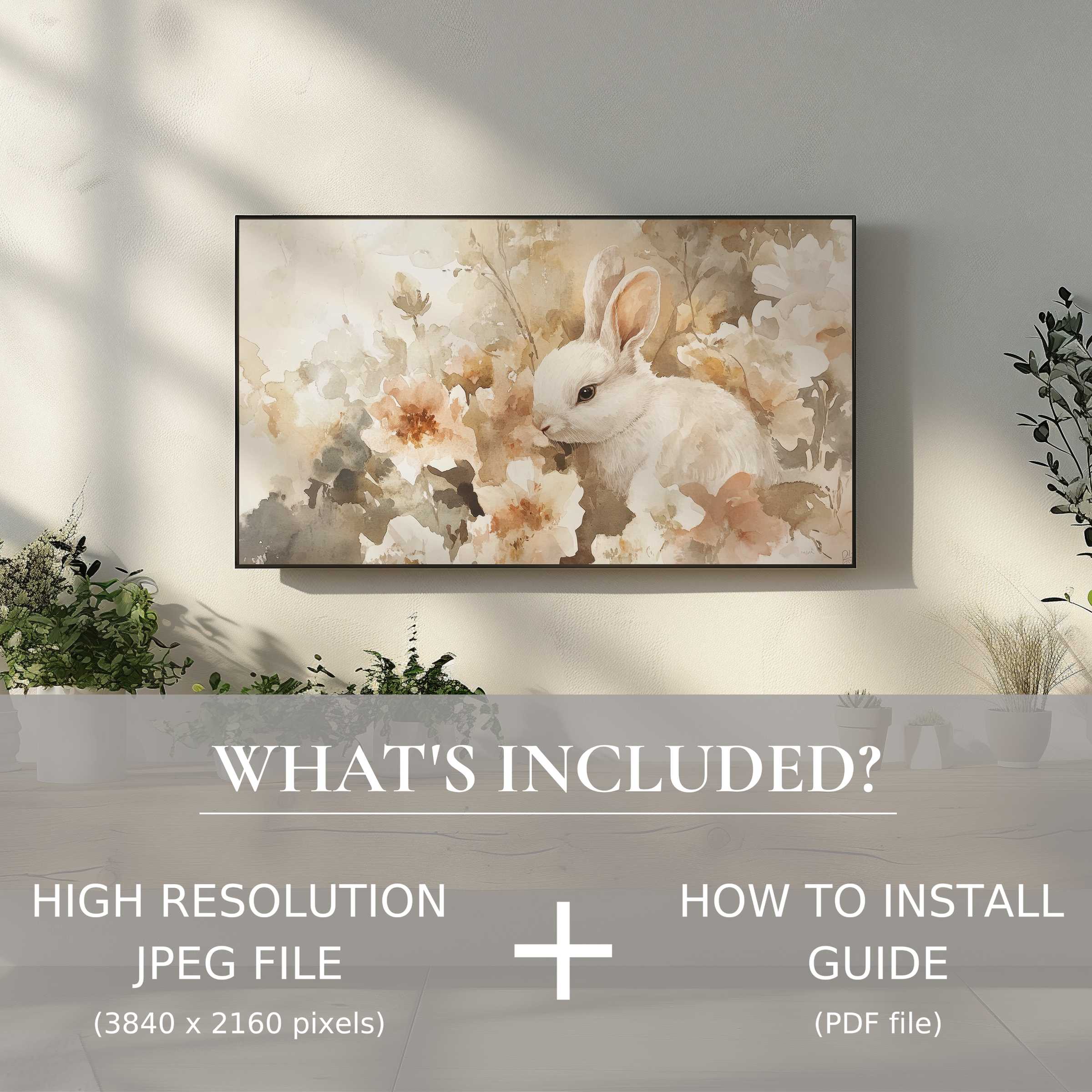 Elegant easter digital TV art download featuring a soft bunny, enhancing living spaces with easy digital installation