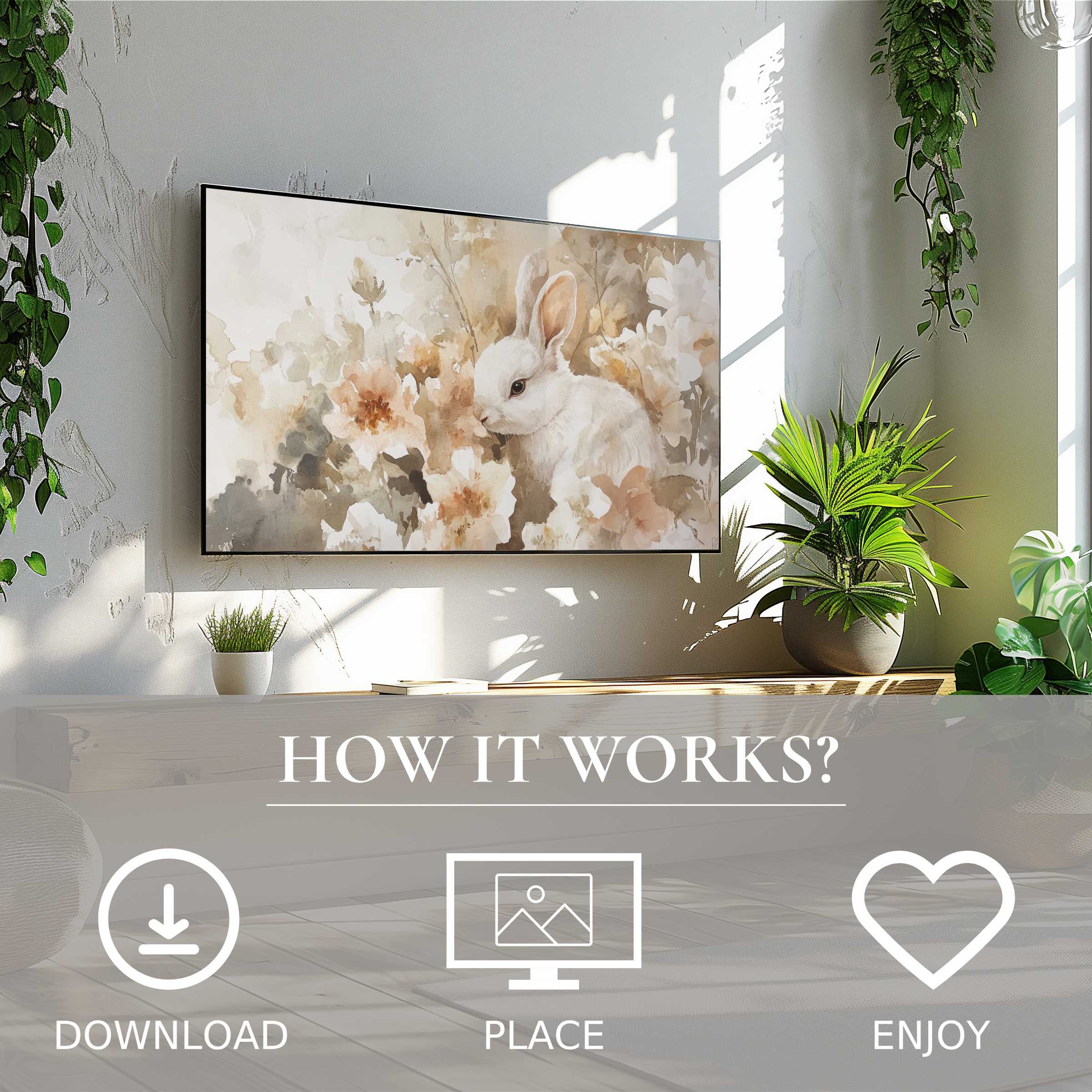 Modern living room with easter art for Samsung TV showing soft sunset tones and a bunny, easy digital download