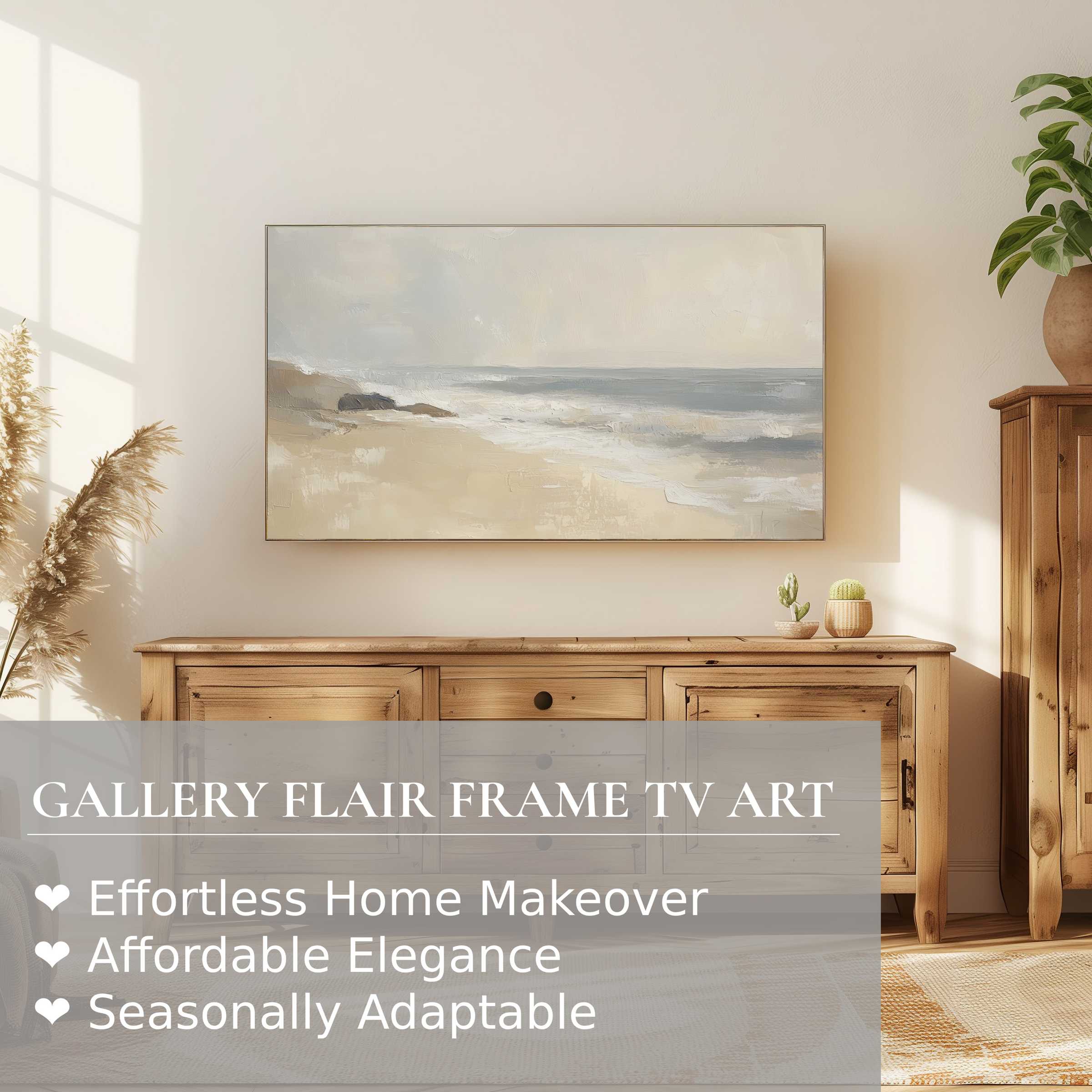 Samsung Frame TV showcasing serene landscape digital artwork, merging modern elegance with warm natural decor