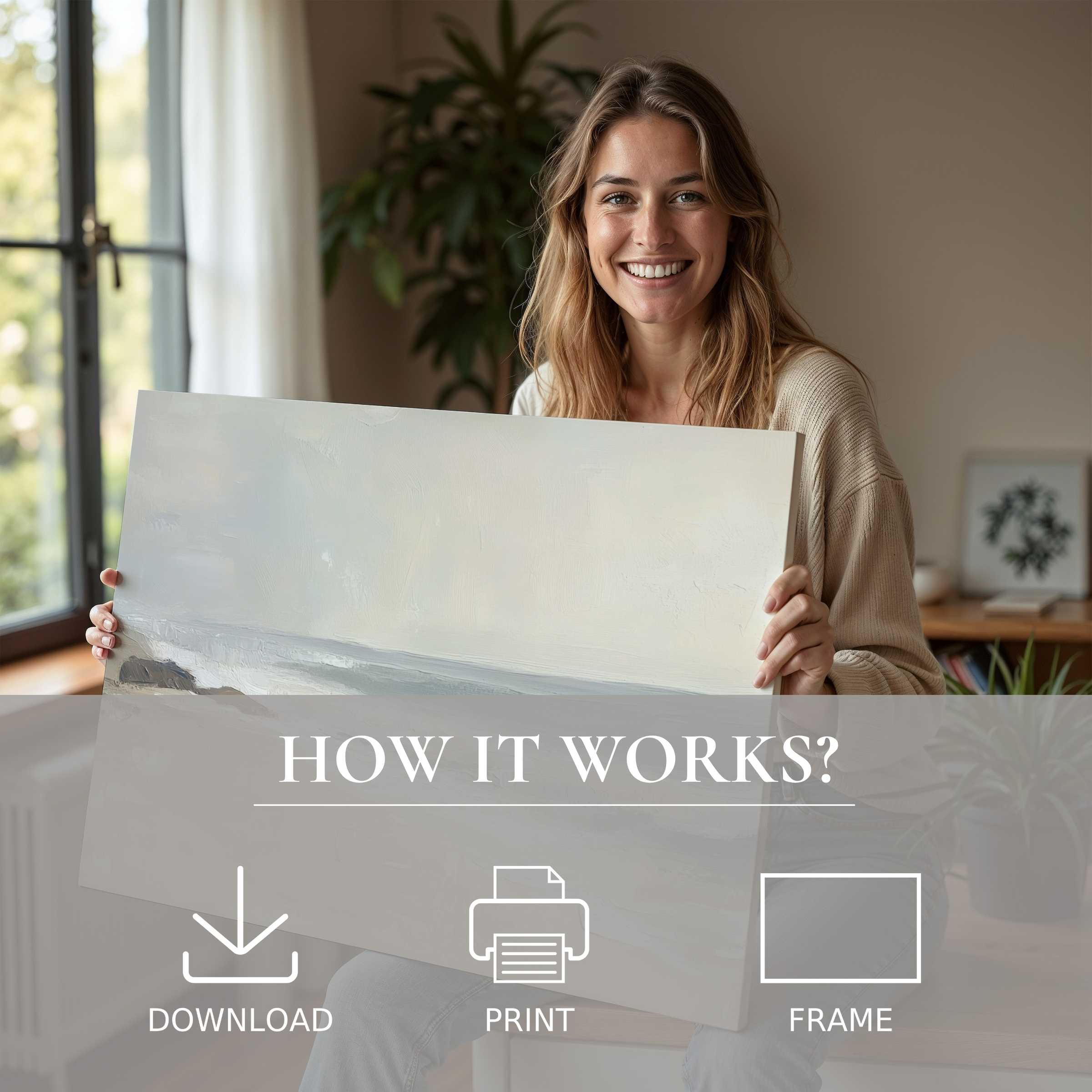 Radiant joy illuminates a modern living space as a woman embraces a serene landscape digital art print, embodying effortless elegance and the art of living