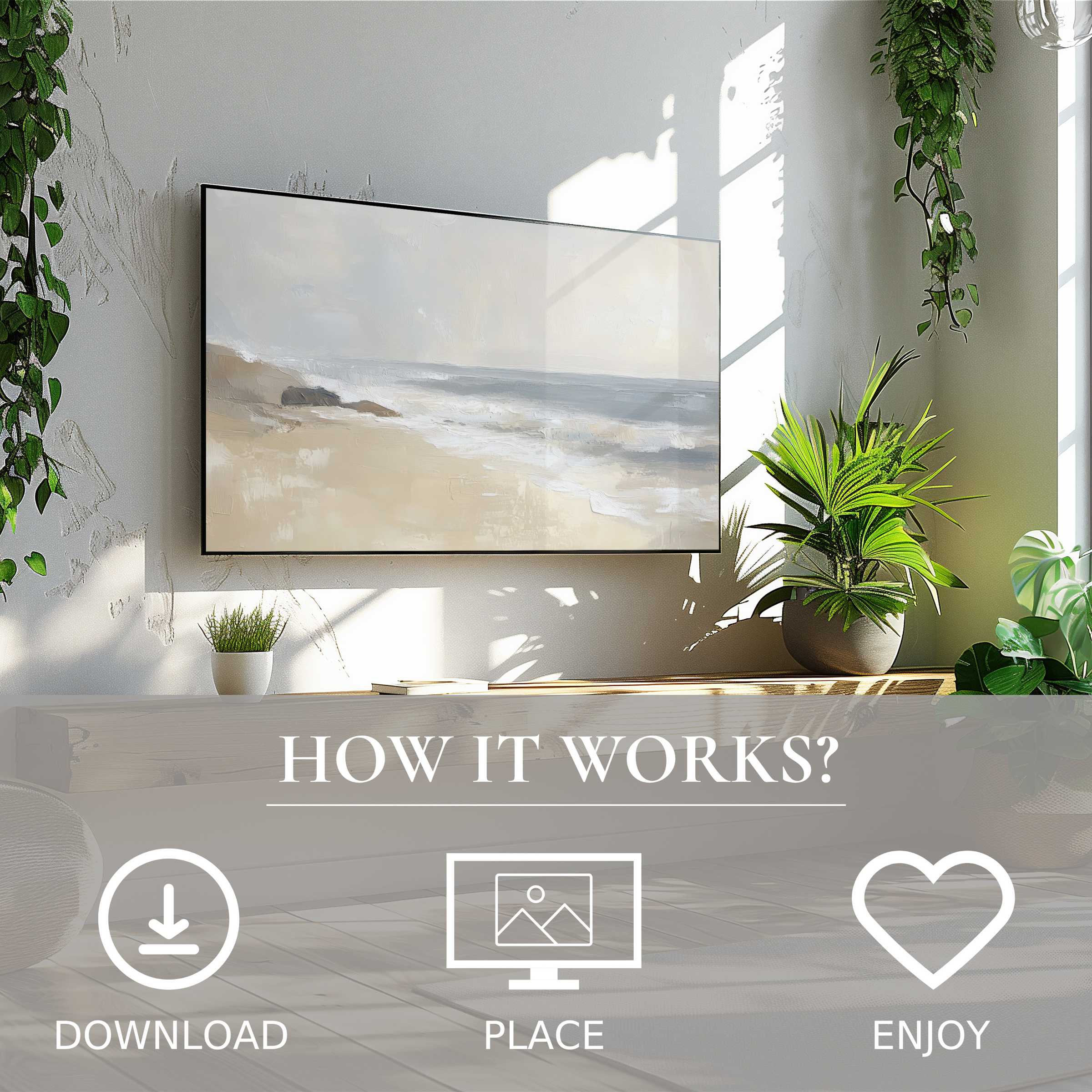 Modern living room with easy digital download landscape art for Samsung TV featuring soft coastal tones enriching space
