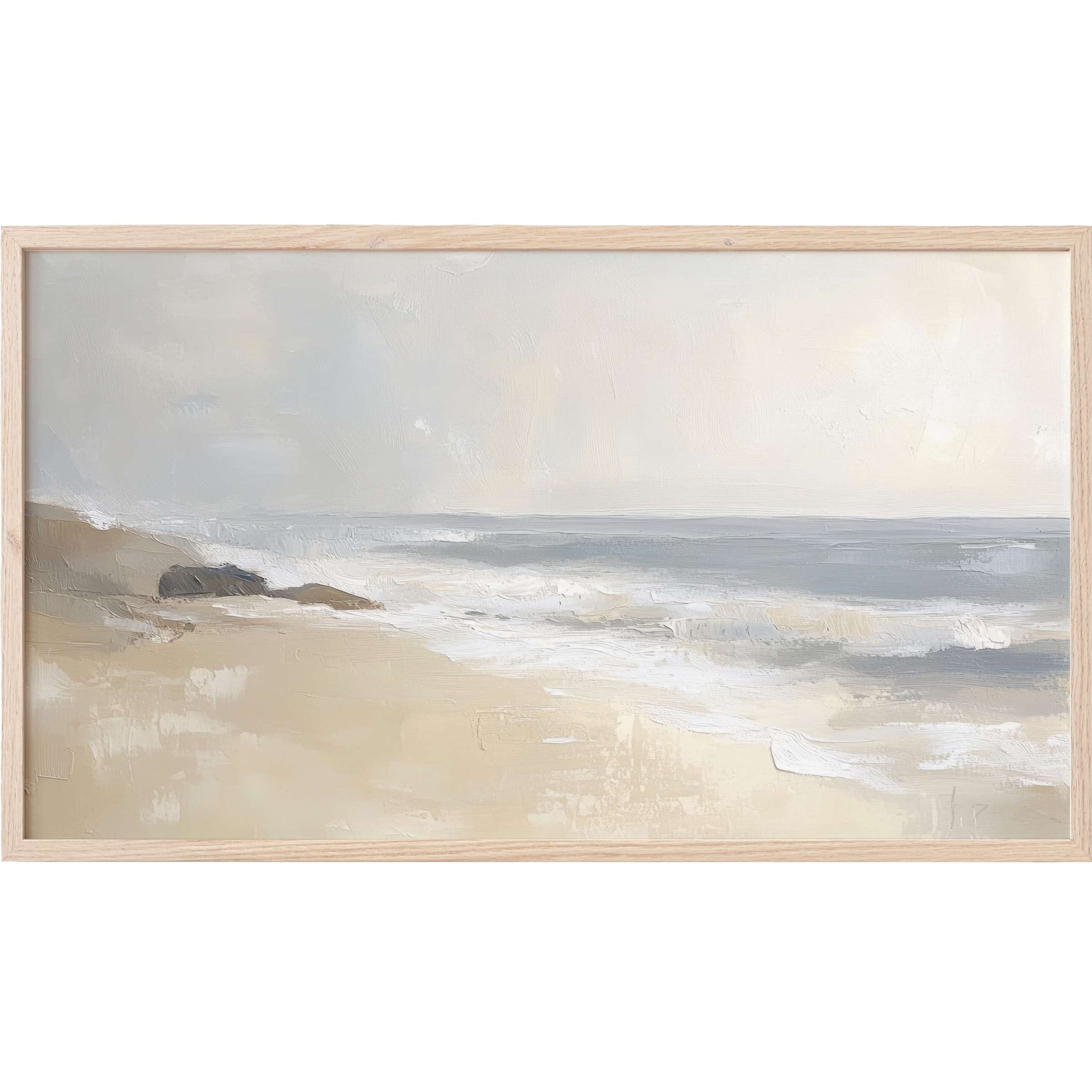 Serene coastal scene in soft beige, gray, and white hues with textured brushstrokes, landscape Frame TV Art