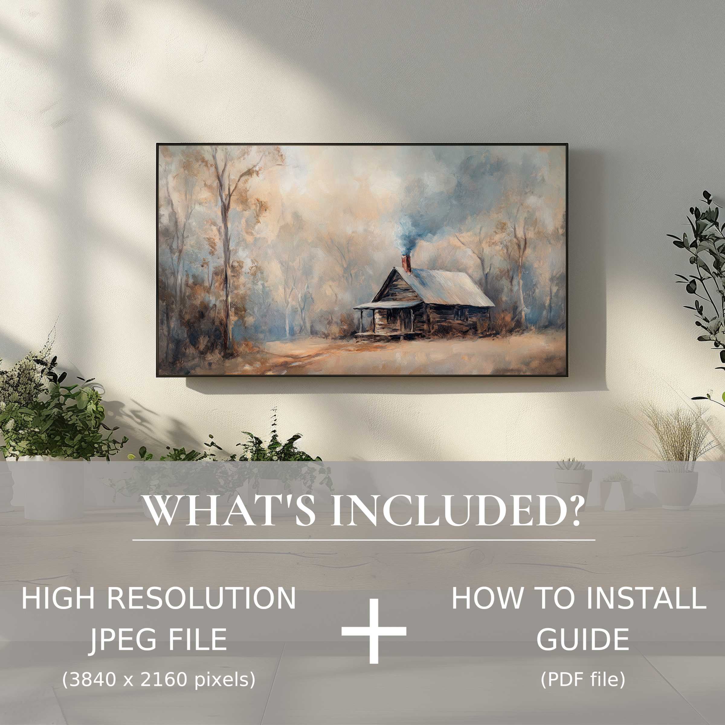Winter digital TV art download; elegant, easy-to-use artwork enhances your stylish living space with serene cabin scenery