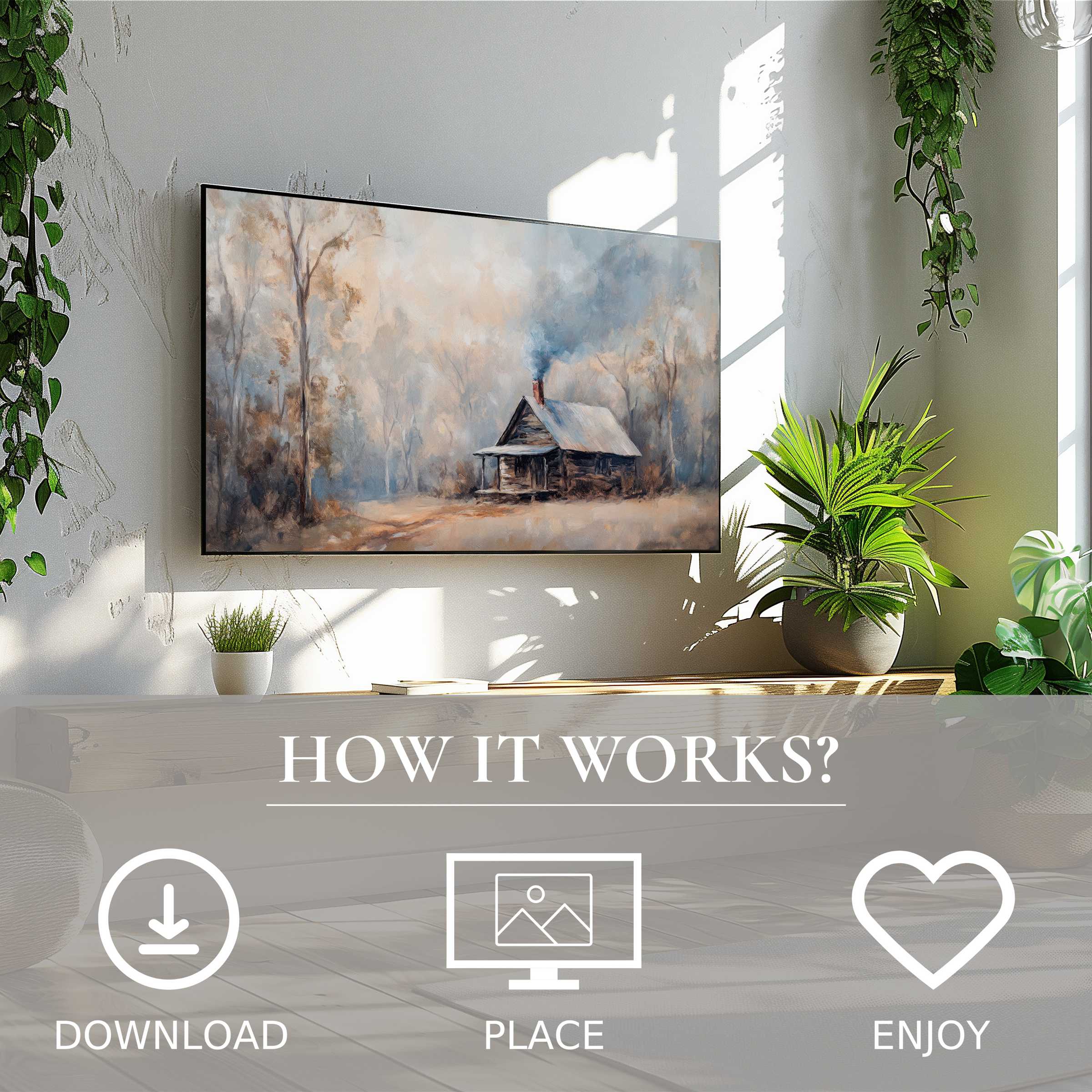 Winter art for Samsung TV shows soft snowy cabin scene in muted tones, easy digital download enriches modern living space