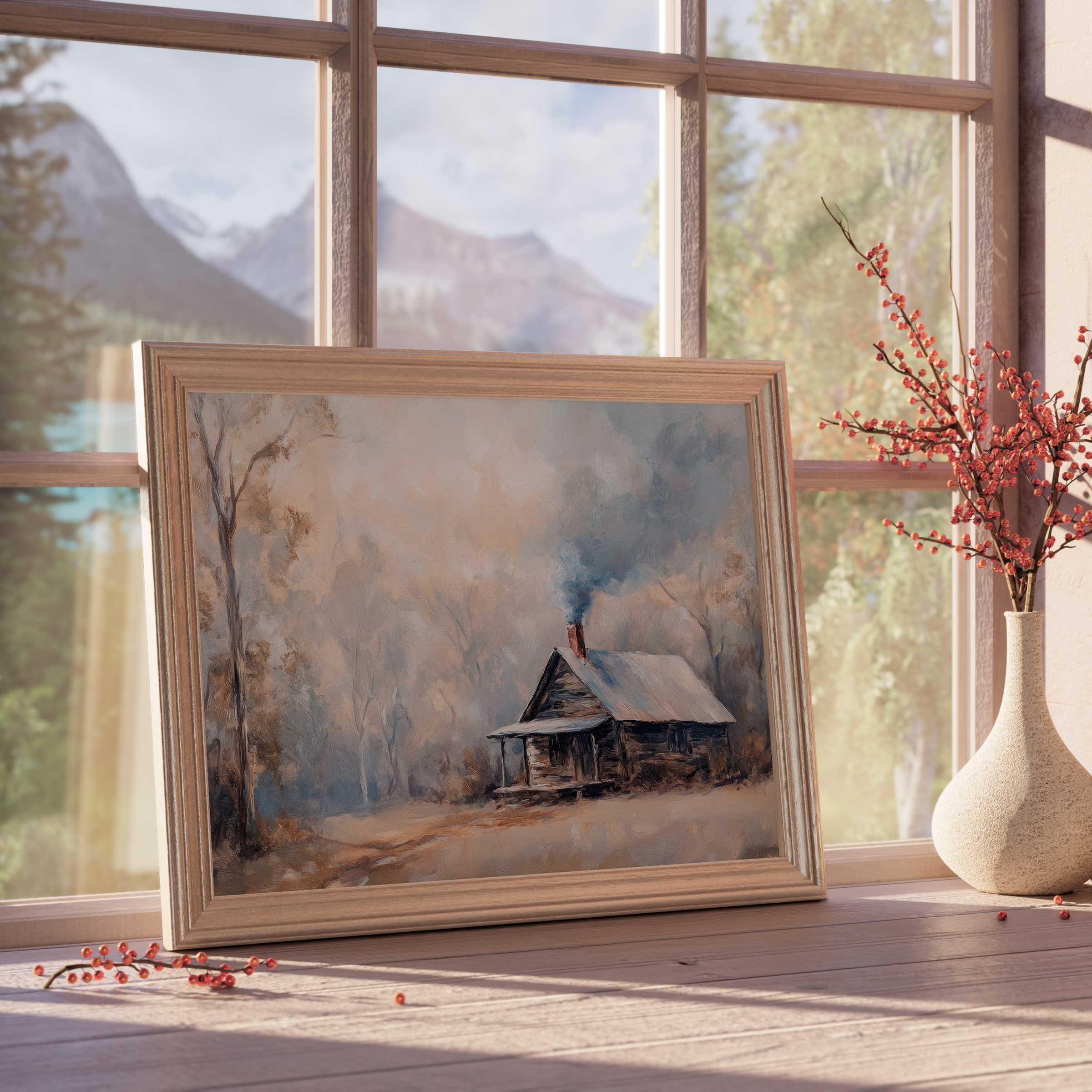 Winter downloadable art capturing serene snowy cabin glow, perfect for curated, tranquil, design-forward interiors with warm seasonal ambiance