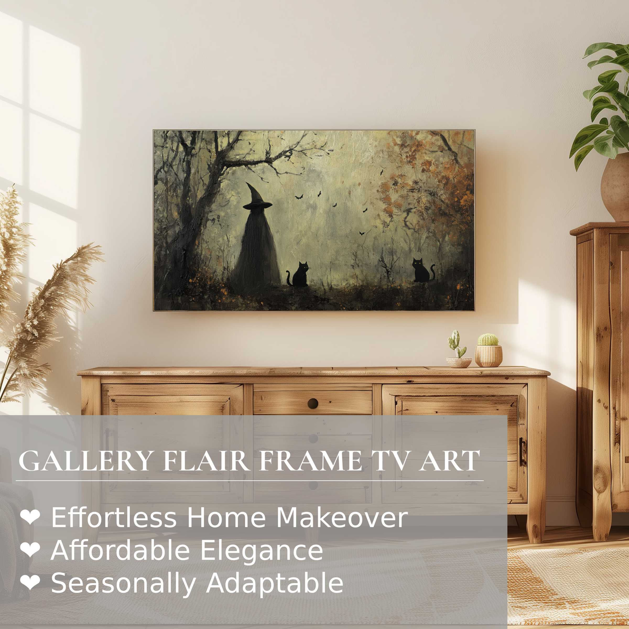Samsung Frame TV displaying refined, moody halloween digital artwork in a modern, natural-toned living space