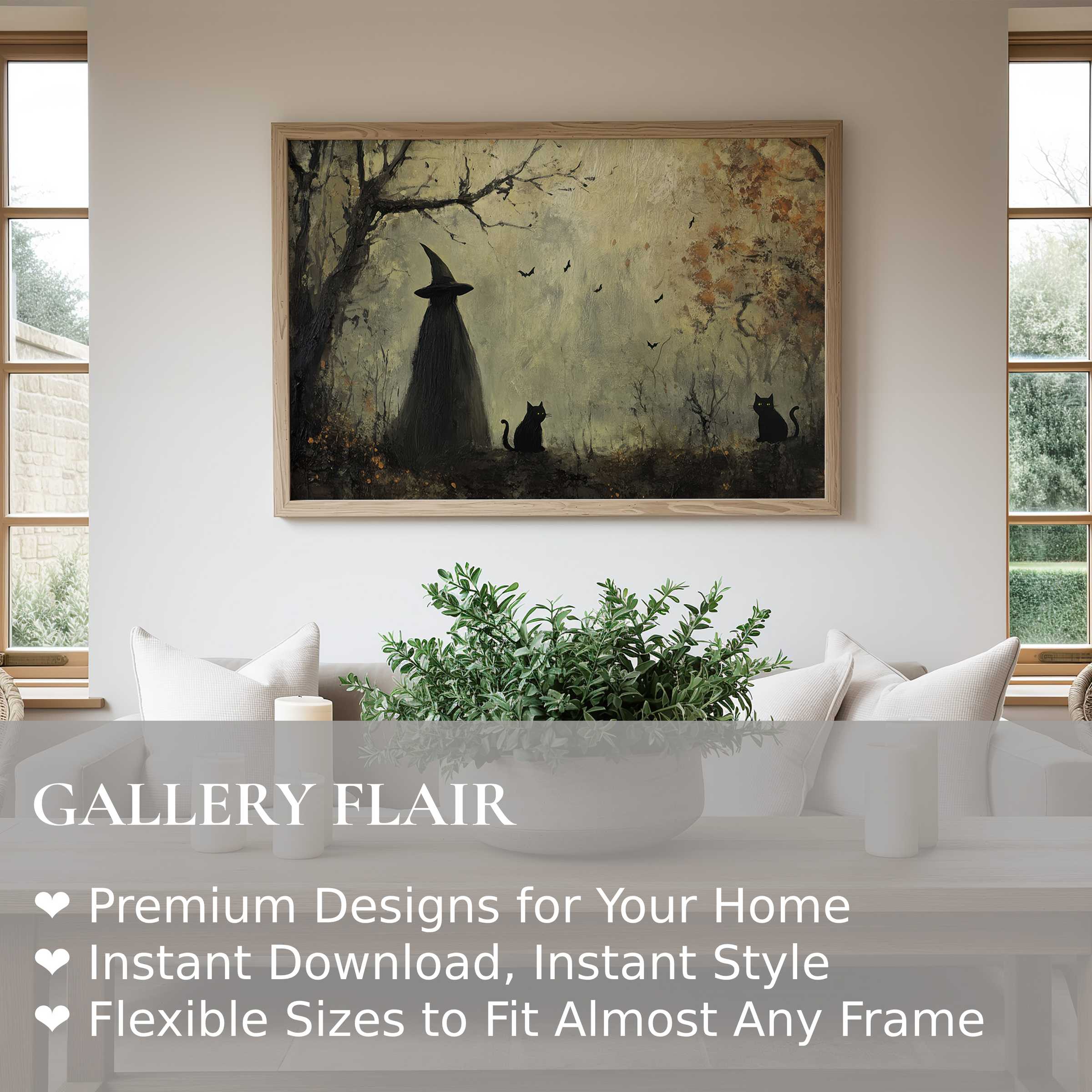 Hauntingly elegant Halloween wall art print with shadowy witch and black cats, enhancing modern rustic interiors with mysterious, moody charm