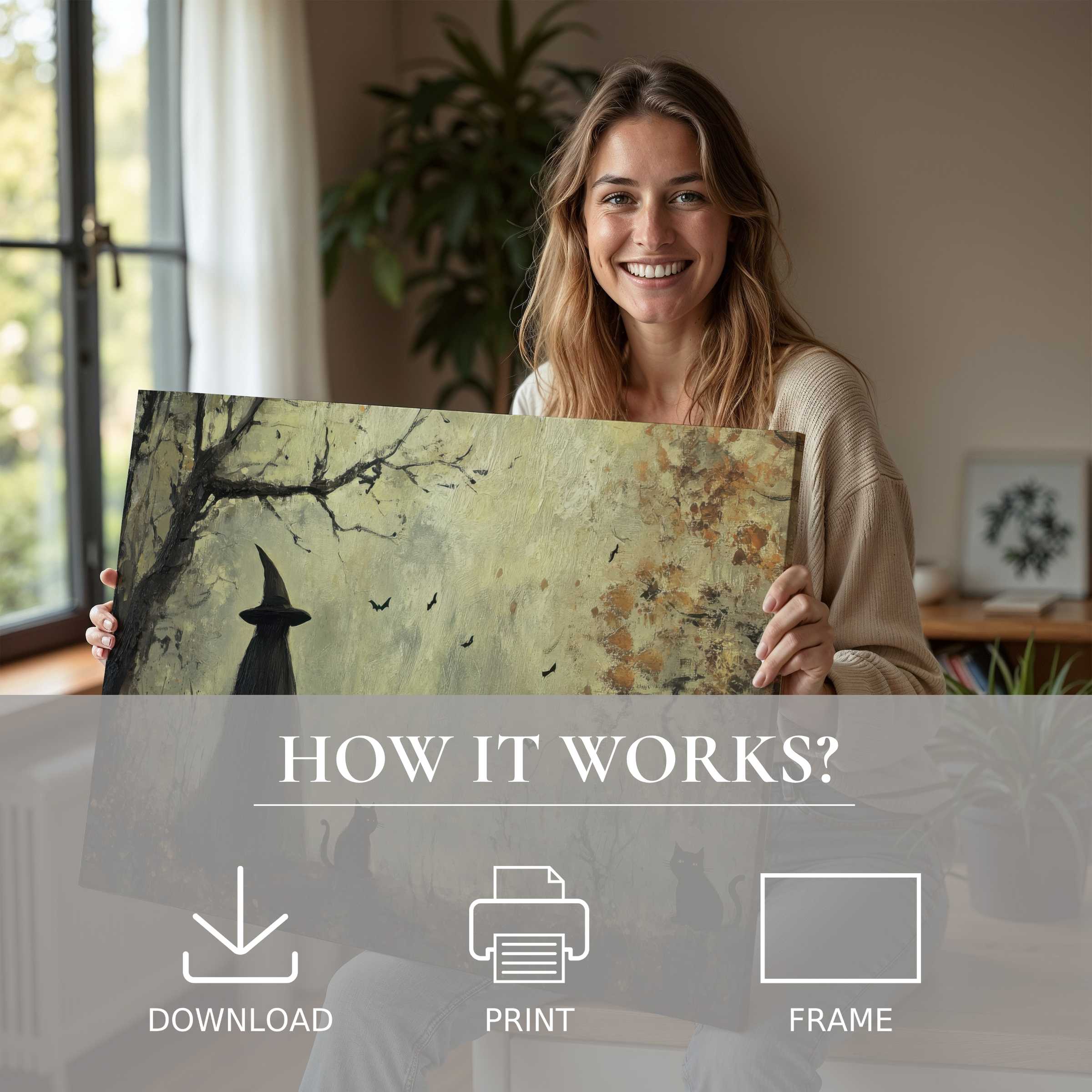 A joyful moment unveiling a serene Halloween digital art print, enriching modern living spaces with effortless elegance
