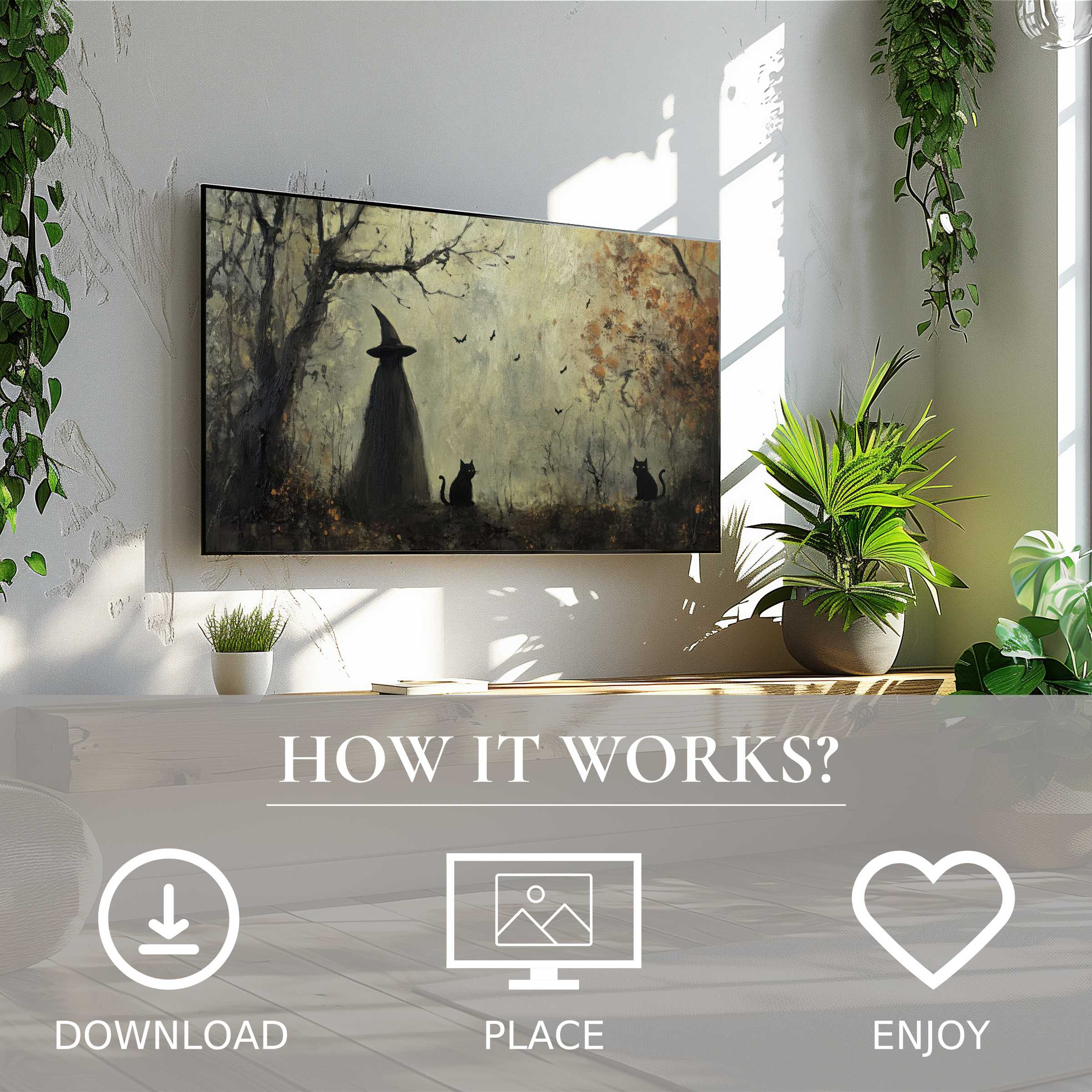 Halloween art for Samsung TV shows shadowy witch and cats in muted fall tones, easy digital download enriching any modern space