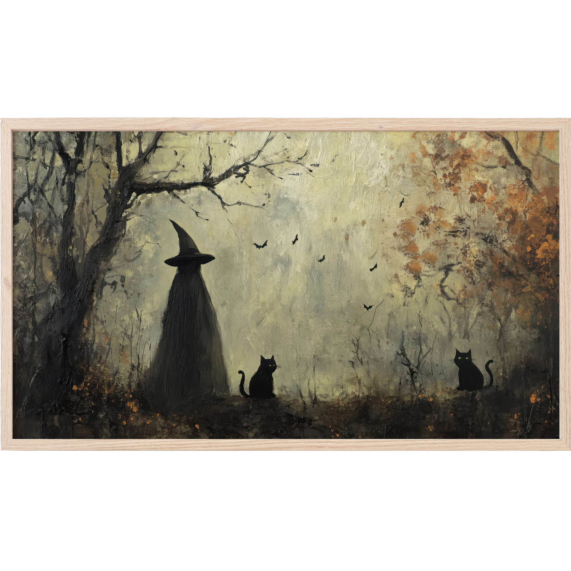 Ethereal forest scene with a witch silhouette, black cats, and bats in muted greens and oranges, halloween Frame TV Art