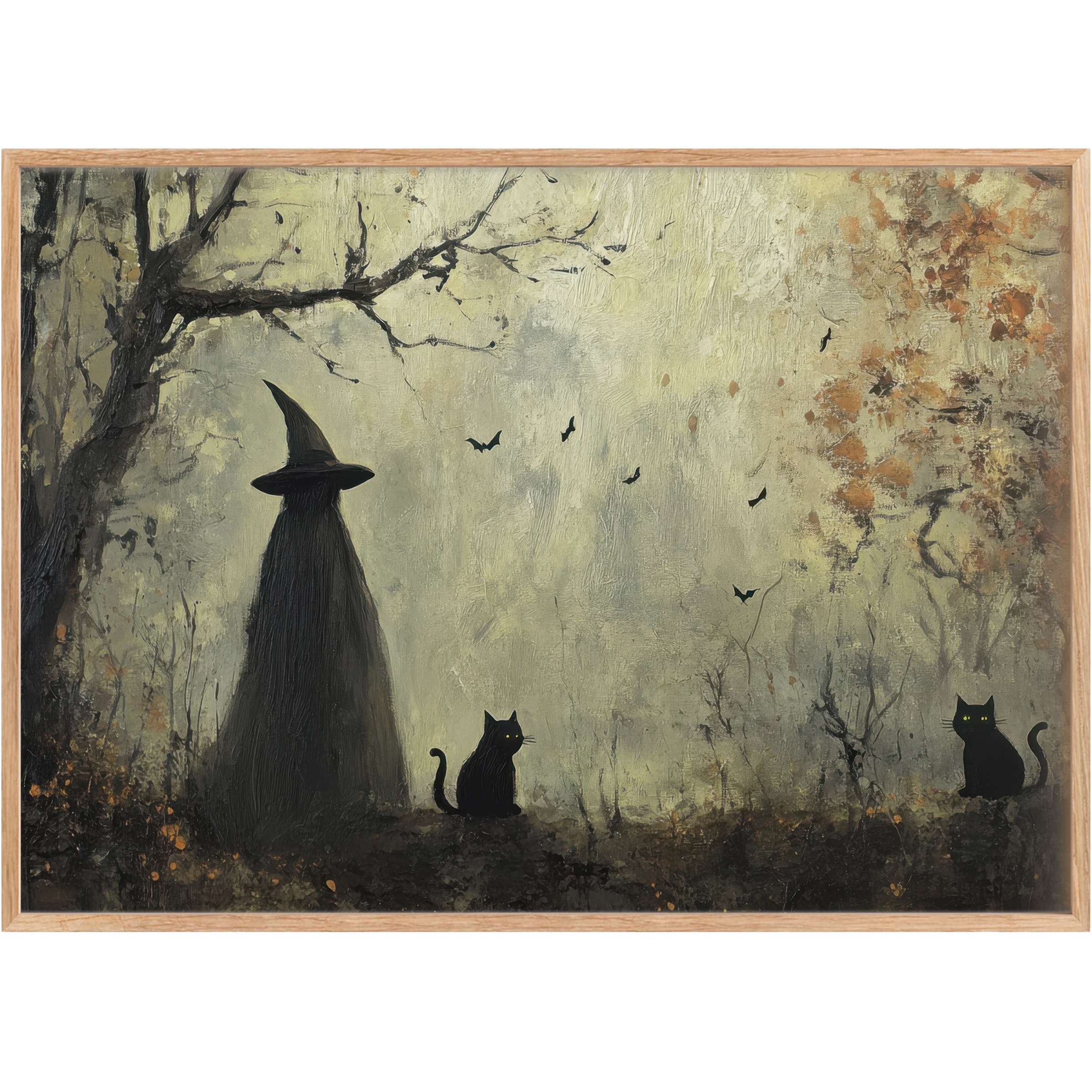 Ethereal halloween printable wall art with mysterious witch silhouette and glowing-eyed black cats in misty, muted autumn hues evokes enchanting twilight
