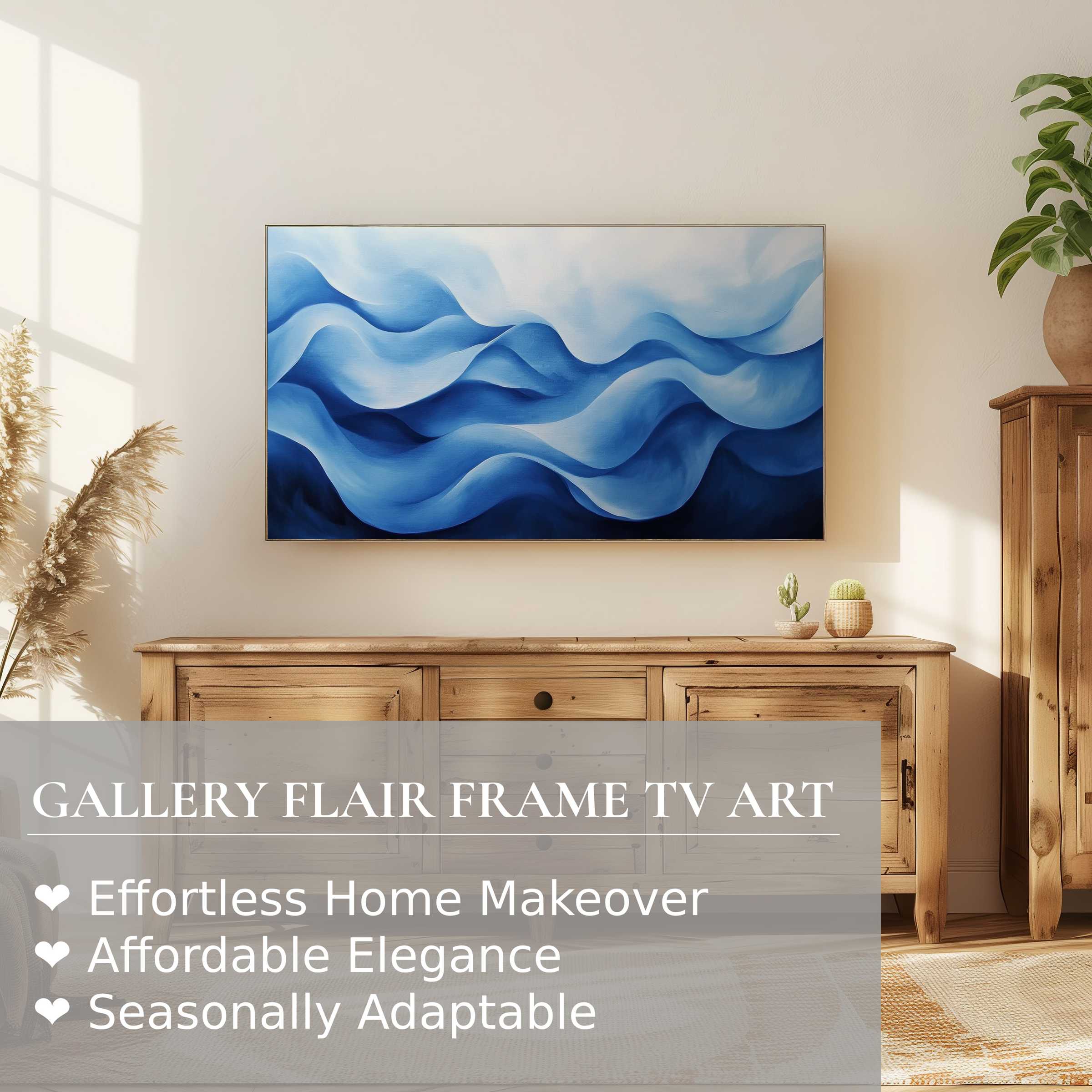 Samsung Frame TV displays modern digital artwork of flowing blue waves, enhancing a refined, natural home decor