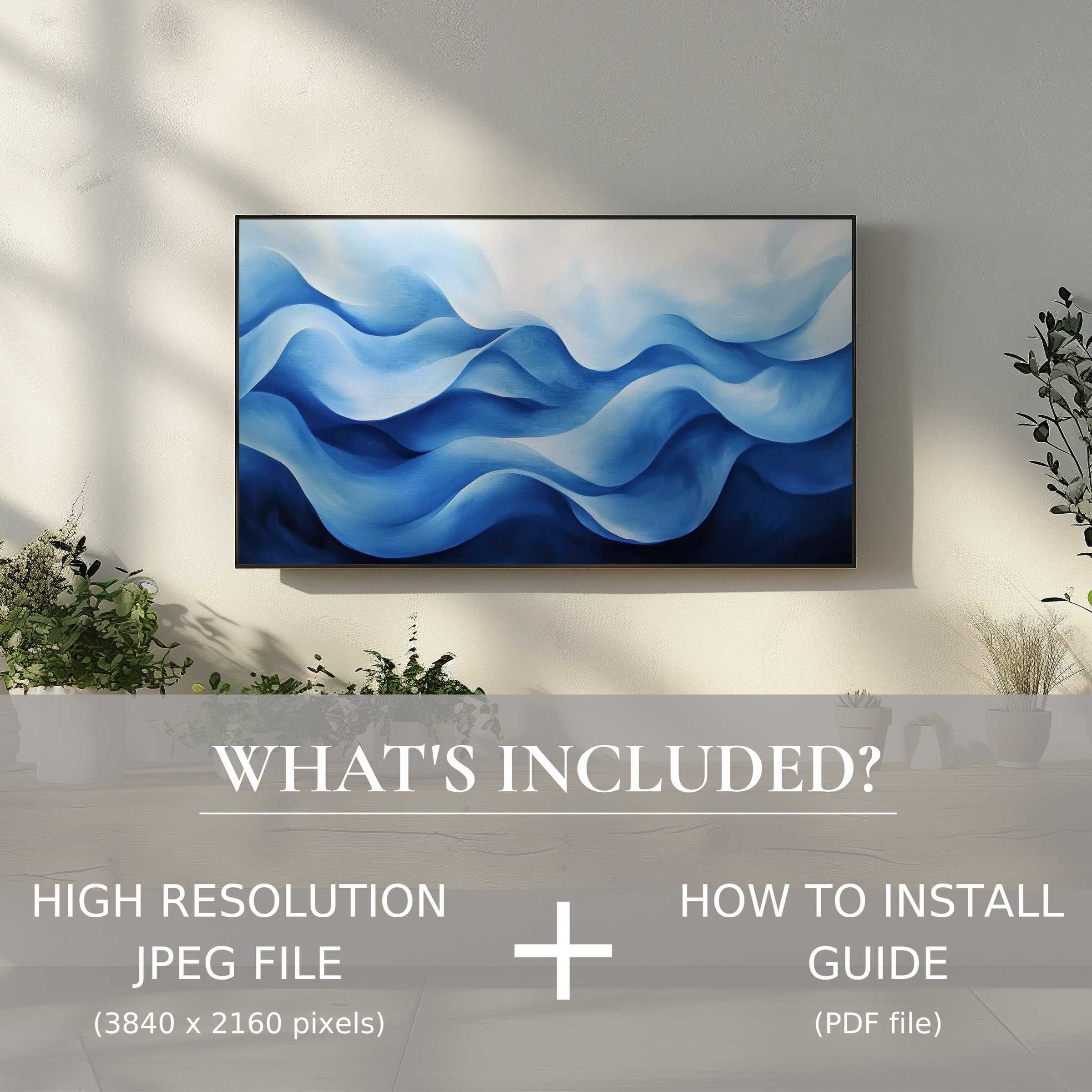 Elegant modern digital TV art download with easy use, enhancing living spaces with soothing blue wave design
