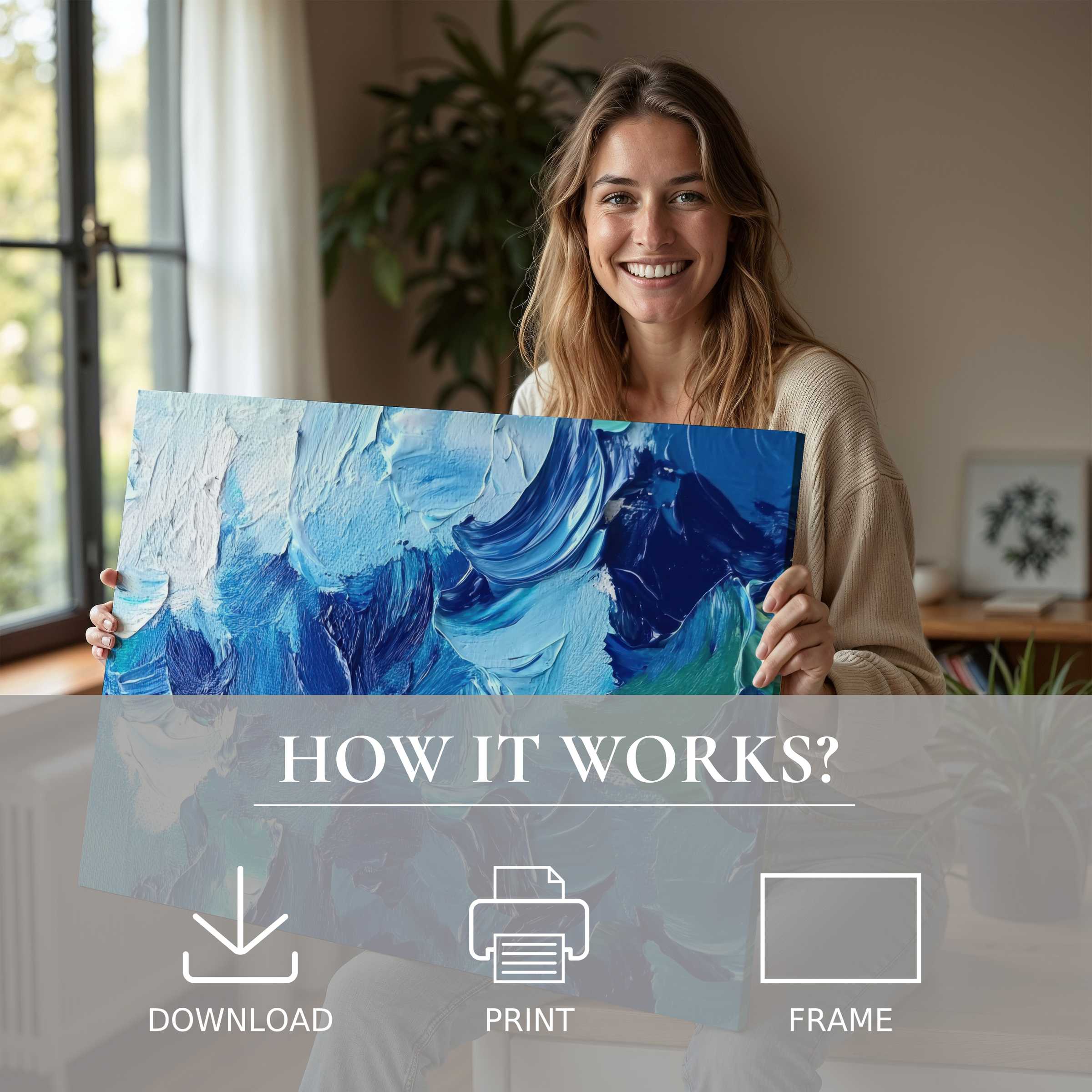 A serene moment of joy as a woman embraces an abstract digital art print in calming blue hues, enriching her modern home