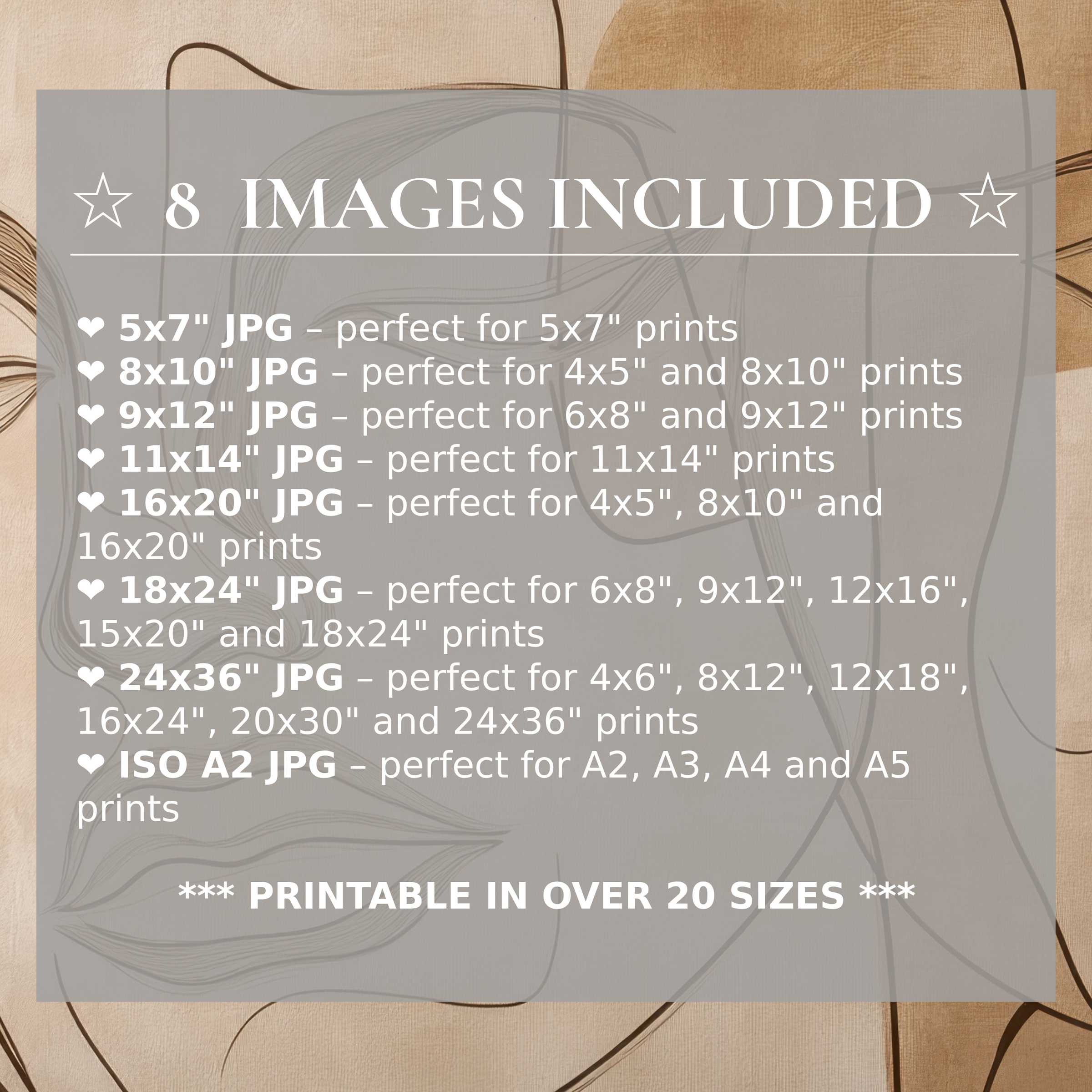 Neutral digital print features soft beige and warm taupe tones with elegant line art, delivering radiant calm to elevate modern interiors; includes 8 high-quality sizes with download for flexible styling