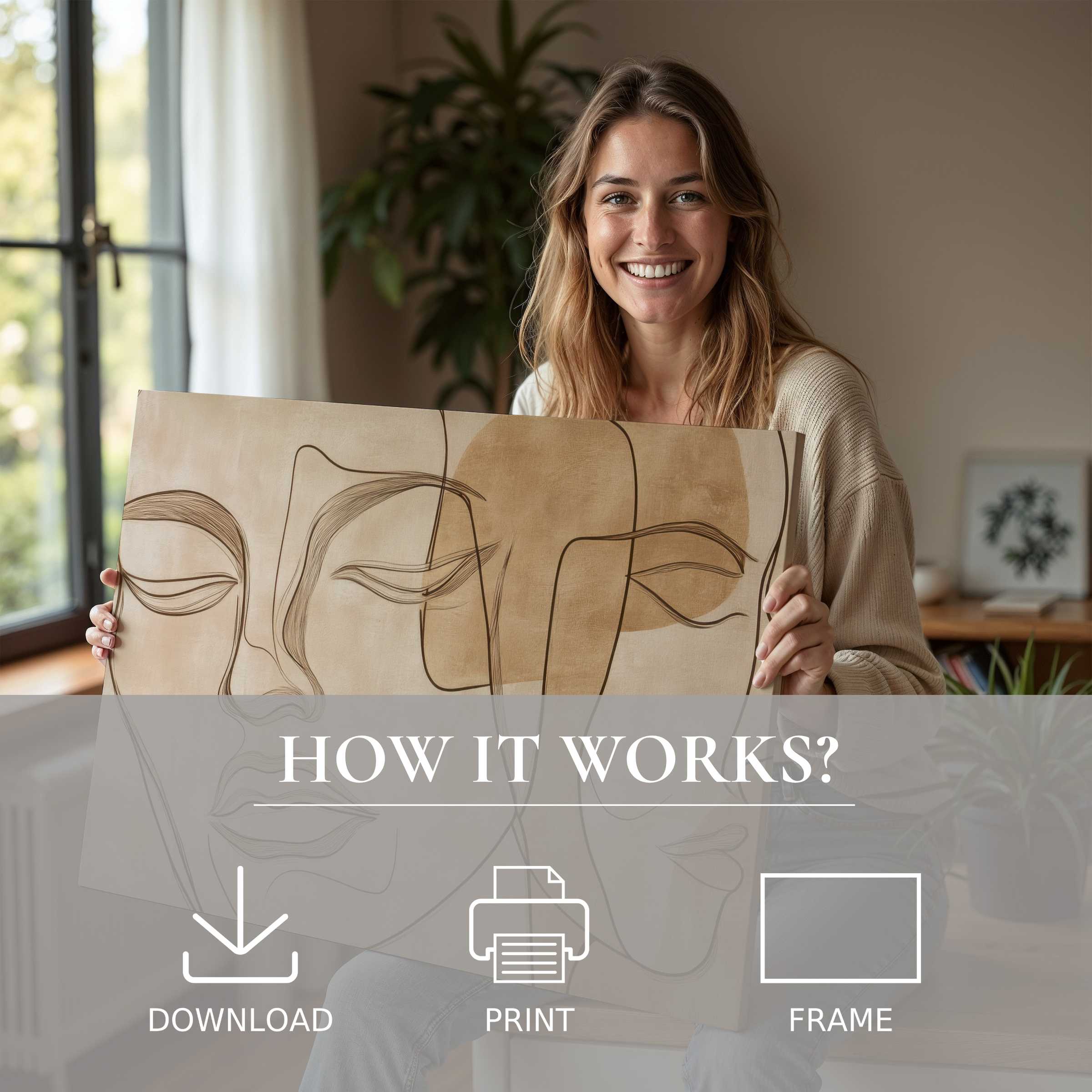 A serene moment reveals the effortless joy of living with a neutral digital art print, harmonizing warmth and modern elegance