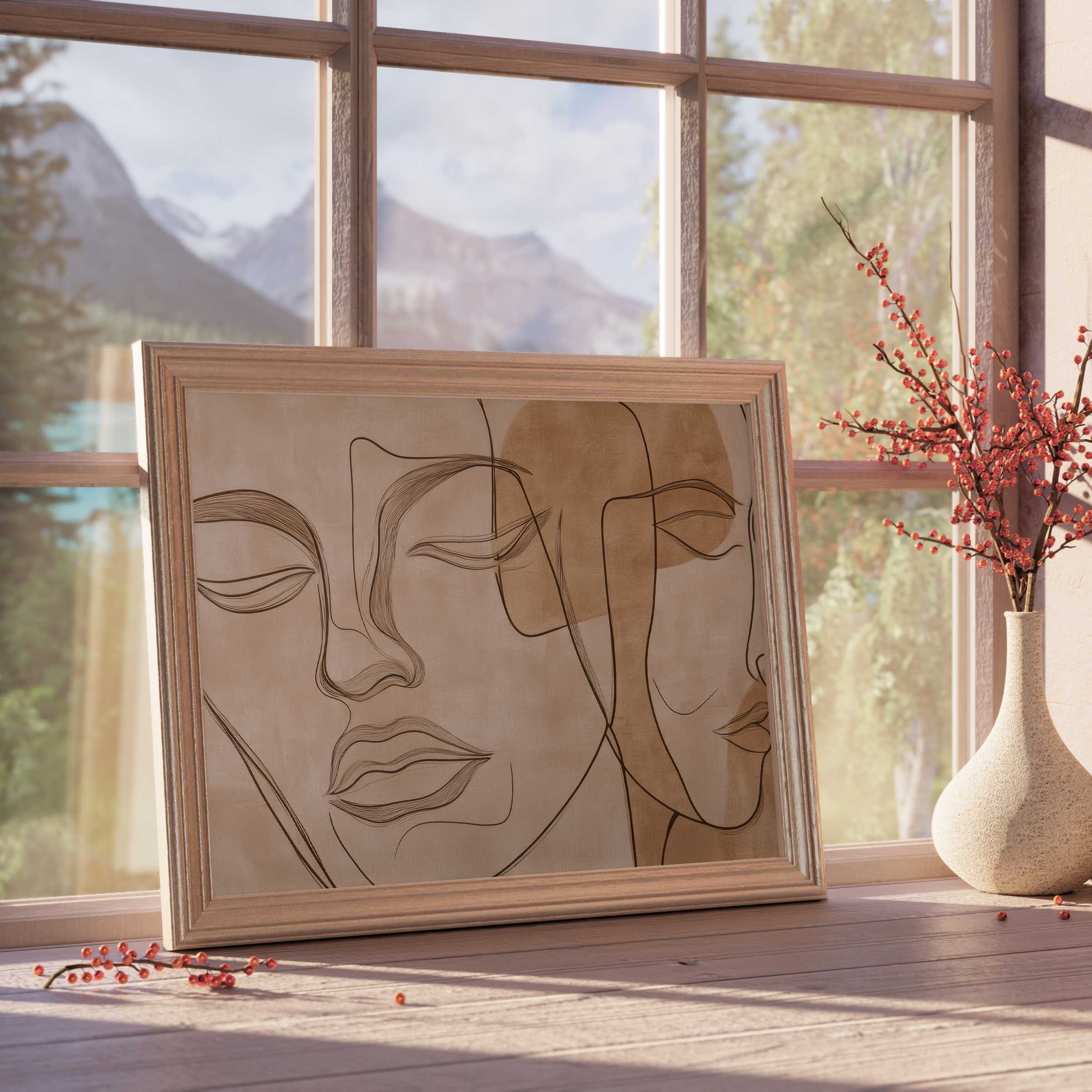 Serene neutral downloadable art featuring minimalistic line faces in warm beige hues, perfect for curated, tranquil interiors
