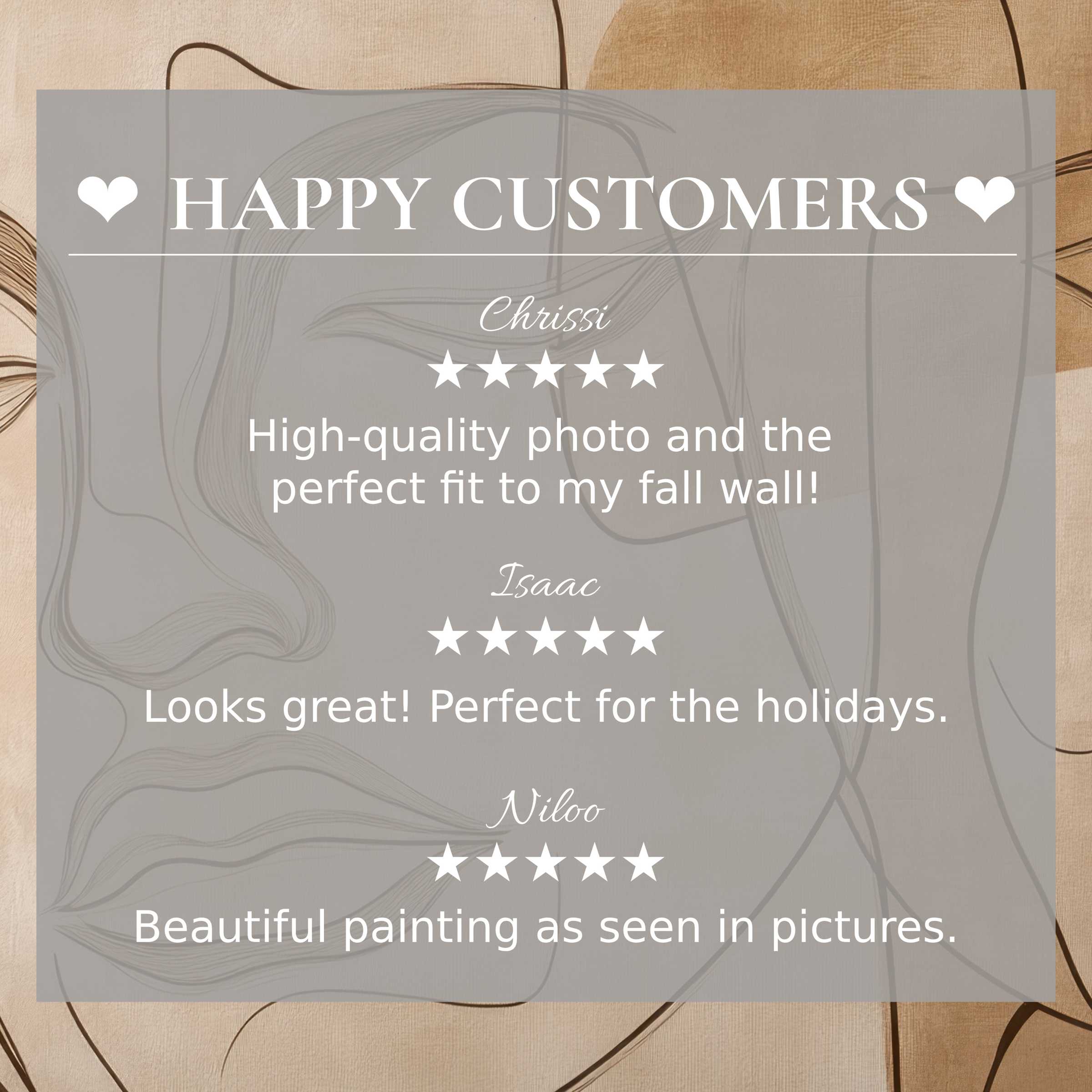 Neutral art for Frame TV with abstract beige tones; happy customer reviews enhance trust and elegant product appeal
