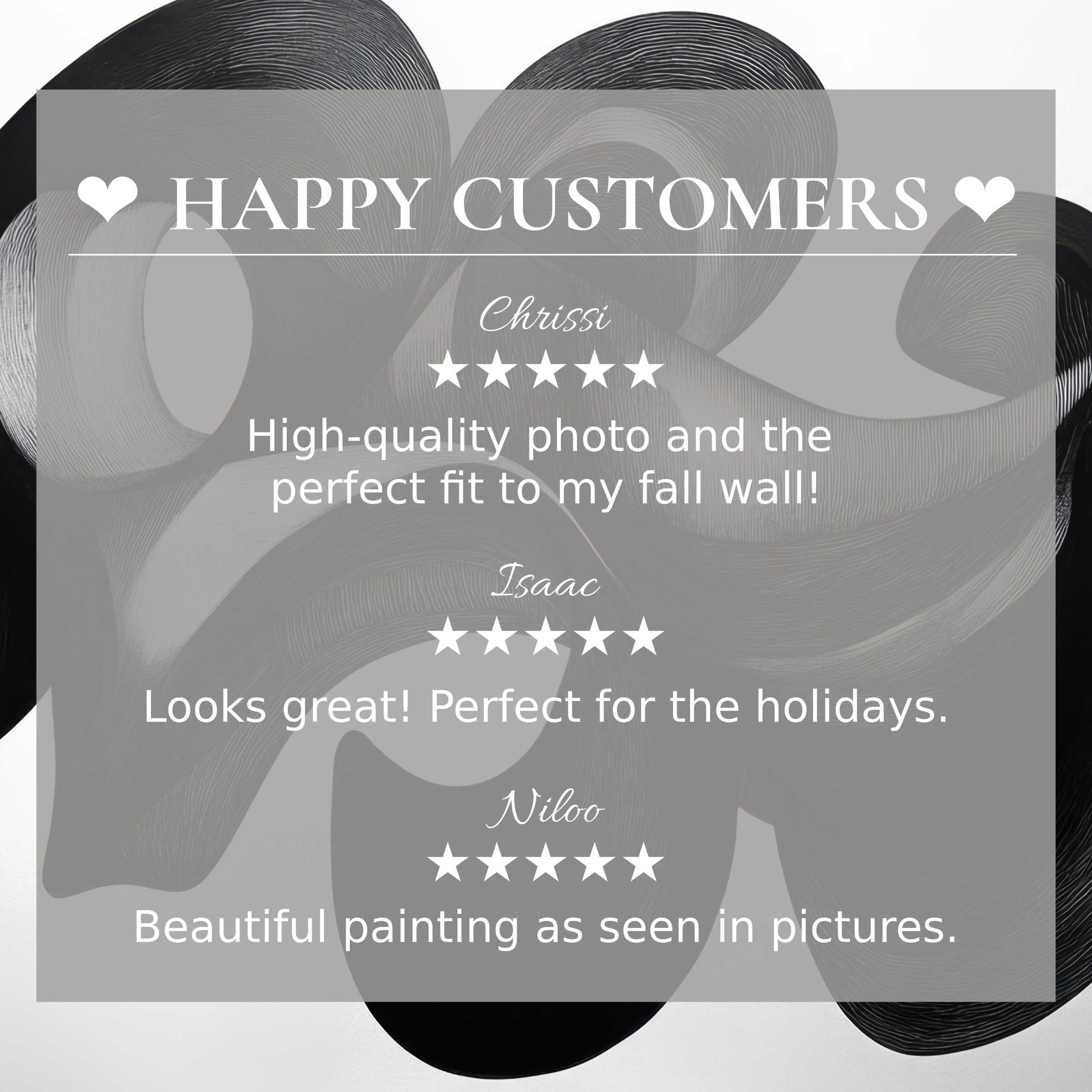 Black and white art for Frame TV with abstract swirling shapes, showcasing happy customer reviews and trust