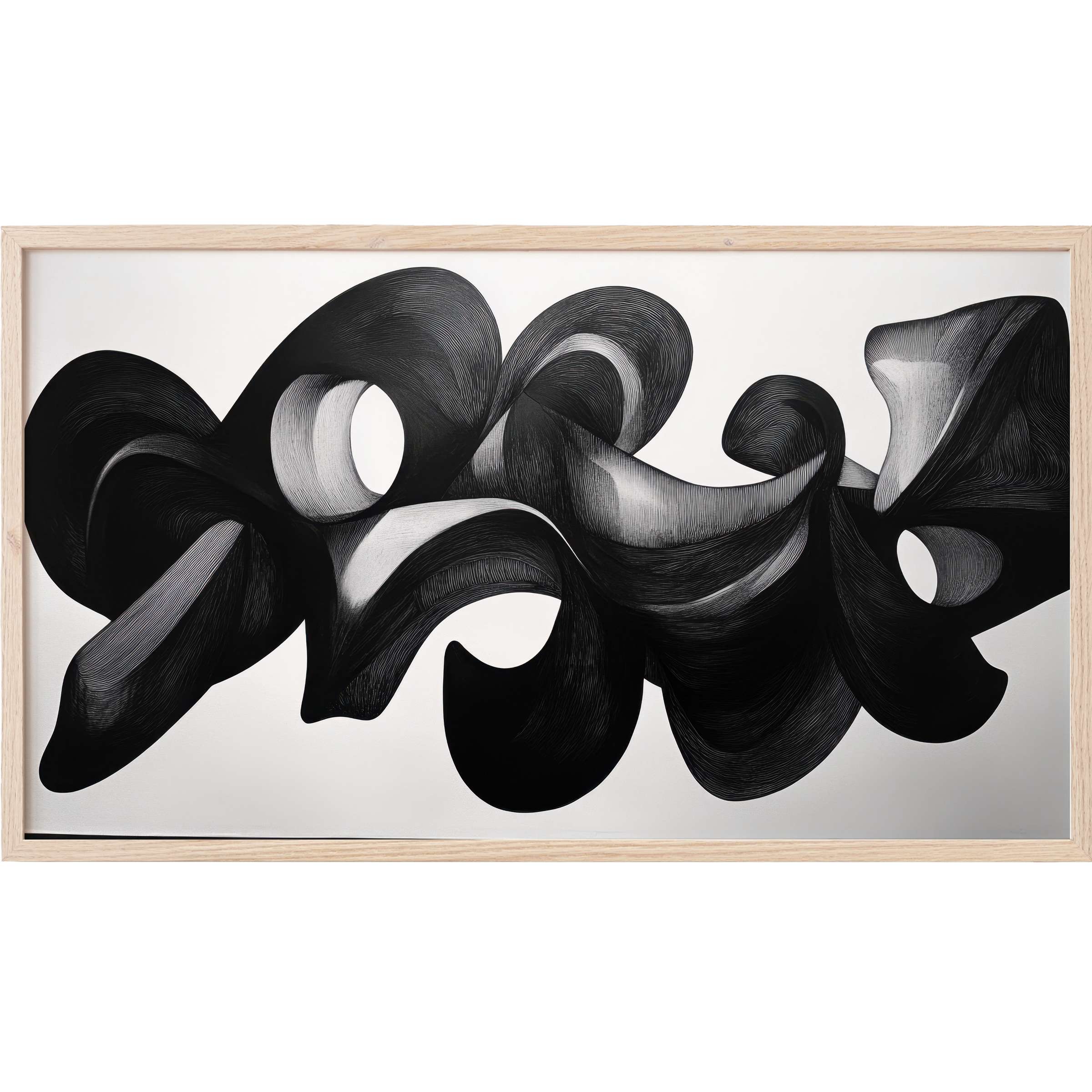 Elegant black and white Frame TV Art with fluid, abstract curves and fine textured shading in a natural wood frame